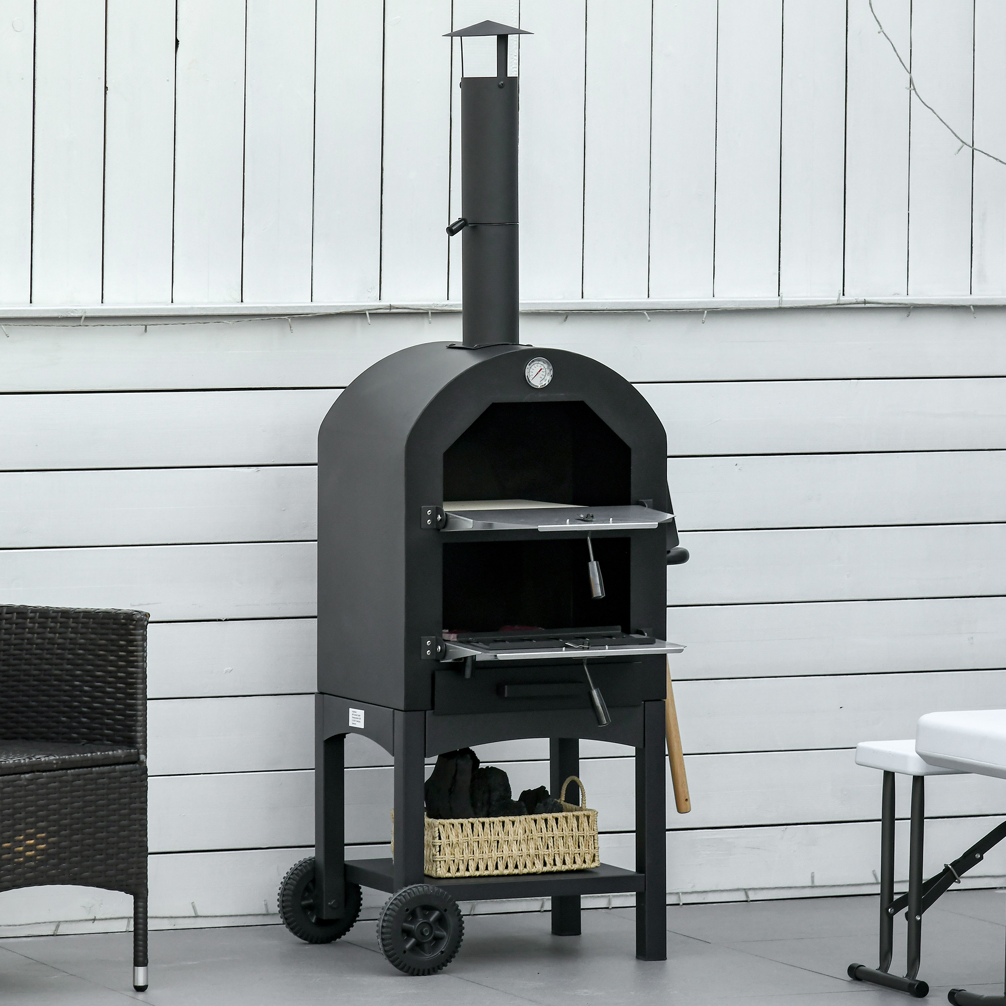 pizzaoven BBQ 3 niveaus zwart + zilver 63 x 54 x 161 cm