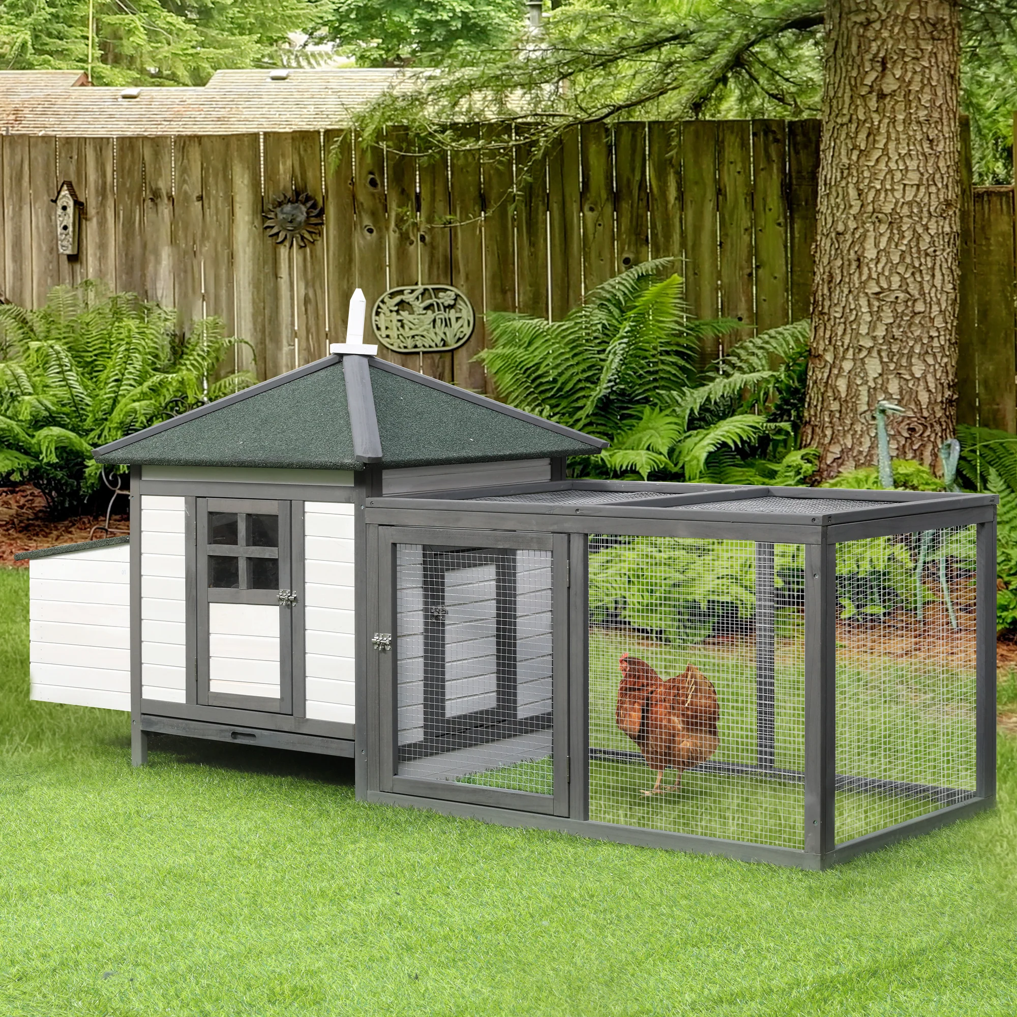 EasyComfort Pollaio da Giardino Prefabbricato in Legno 196x76x97cm, Bianco e Grigio