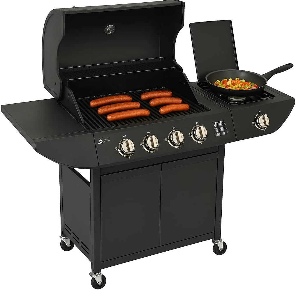 Lagerfeuer Original Barbecue BBQ 5 Gasbrenner 4+1 Gartengrill, Stahl Warmhalterost, Seitenbrenner, Räder, Beweglich