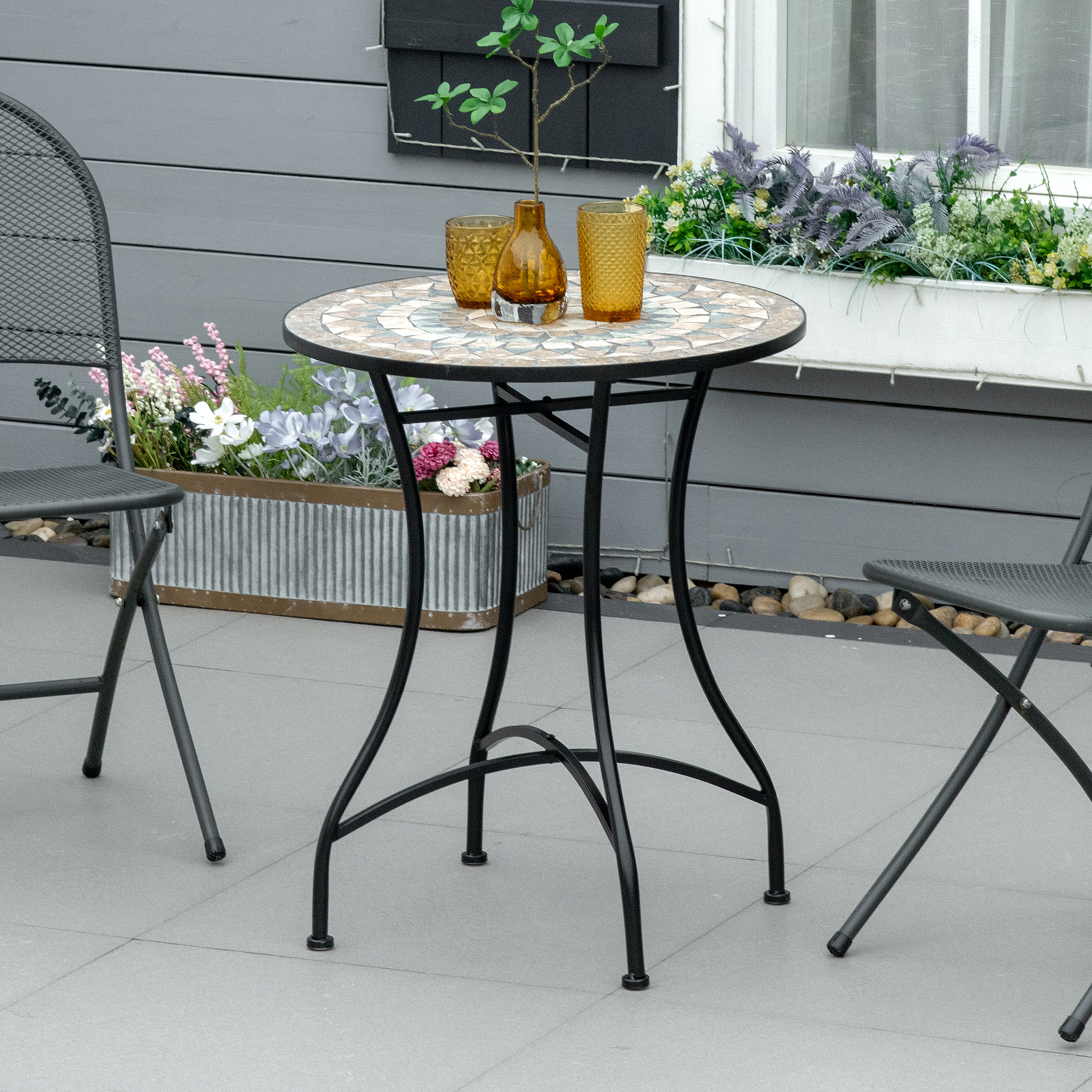 Outsunny Gartentisch Mosaiktisch rund Bistrotisch Beistelltisch mit Mosaikplatte Keramik Metall Grün+Beige+Weiß Ø60 cm