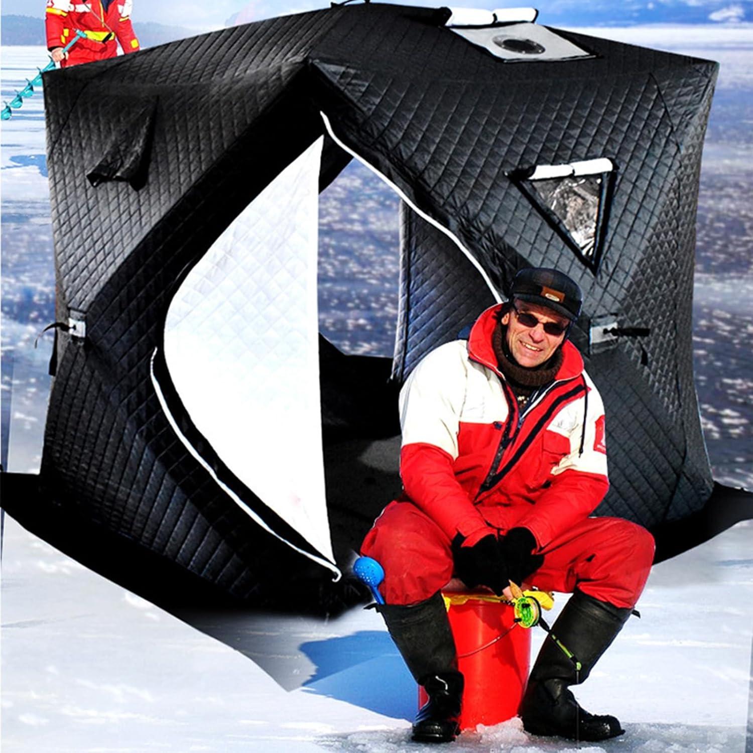 Eisfischen-Unterschlupf Isoliertes Eisangeln Pop-Up-Zelt für 3–4 Personen, tragbares Eisangeln, Shanty, große Eishütte mit 3-lagigem Stoff, Tragetasche und Reißverschluss-Tür