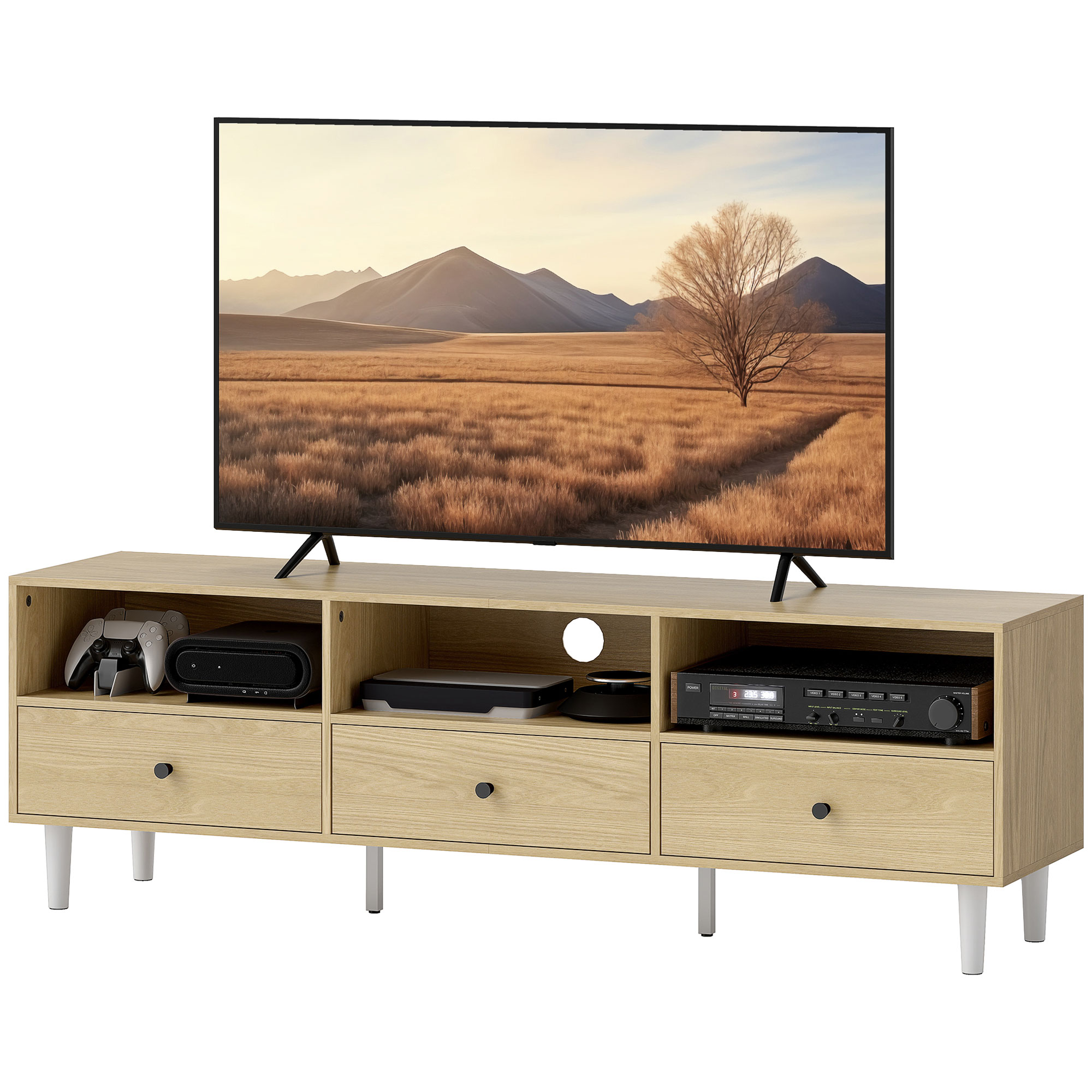 HOMCOM TV-Möbel bis zu 75" mit 3 Schubladen, 3 offenen Regalen und Kabeldurchführung, 140 x 34 x 45 cm, Naturholz