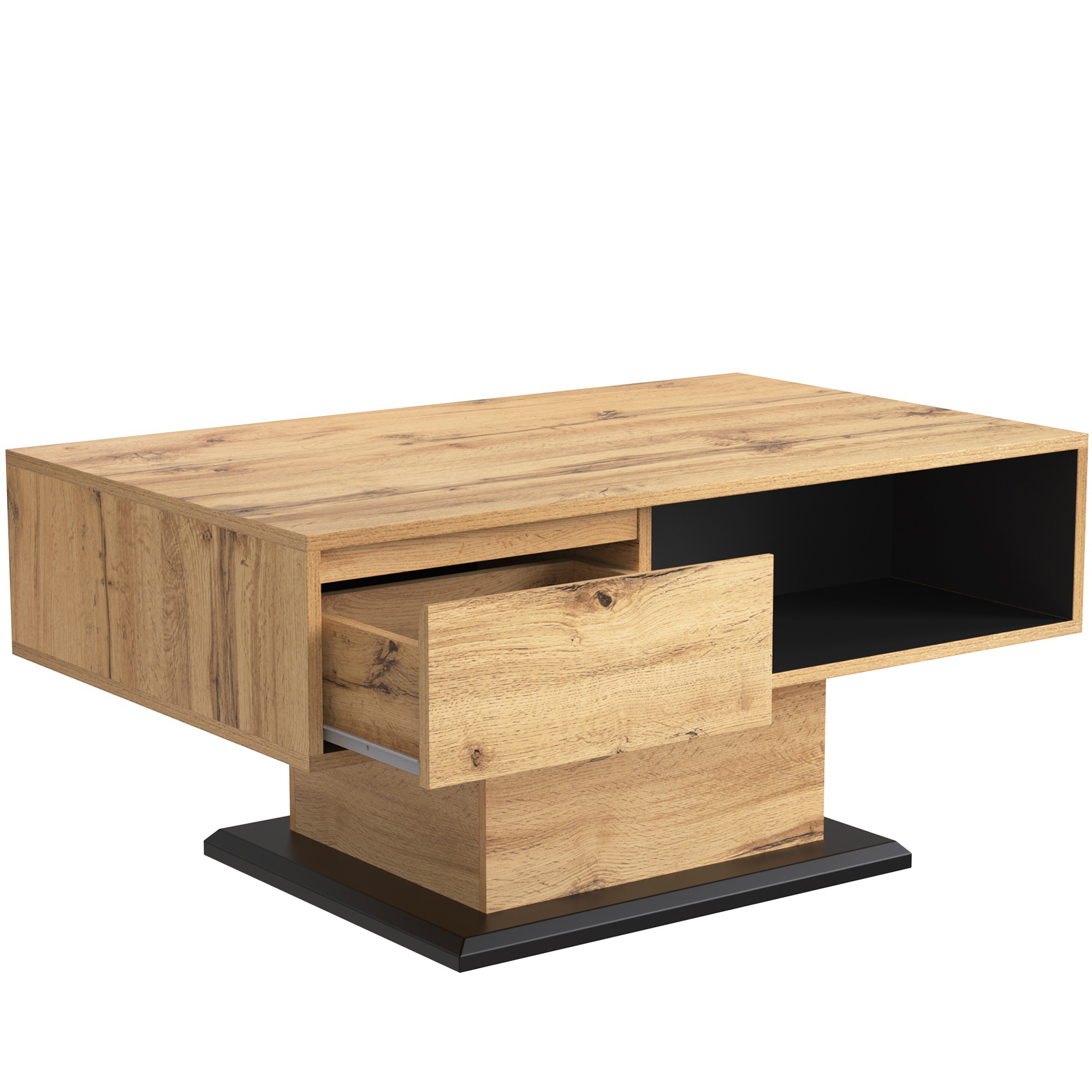 Couchtisch aus Holzmaserung mit griffloser Schublade, doppelseitigem Stauraum und offenem Bodenfach für Wohnzimmer und Büro, Eiche + Anthrazit