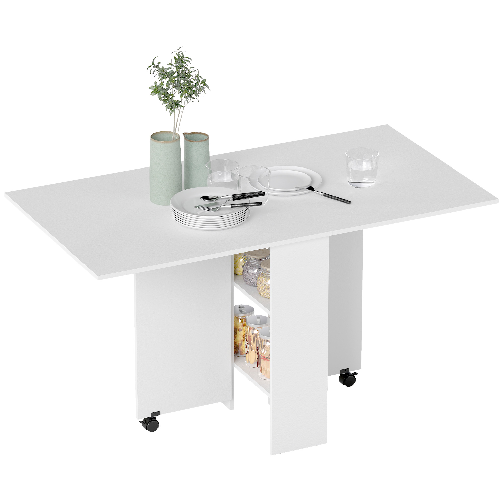 HOMCOM Esstisch, Klapptisch mit Rollen, Schreibtisch, Beistelltisch, Tisch mit Ablagefläche für Esszimmer, Holz, Weiß, 80 x 140 x 74 cm