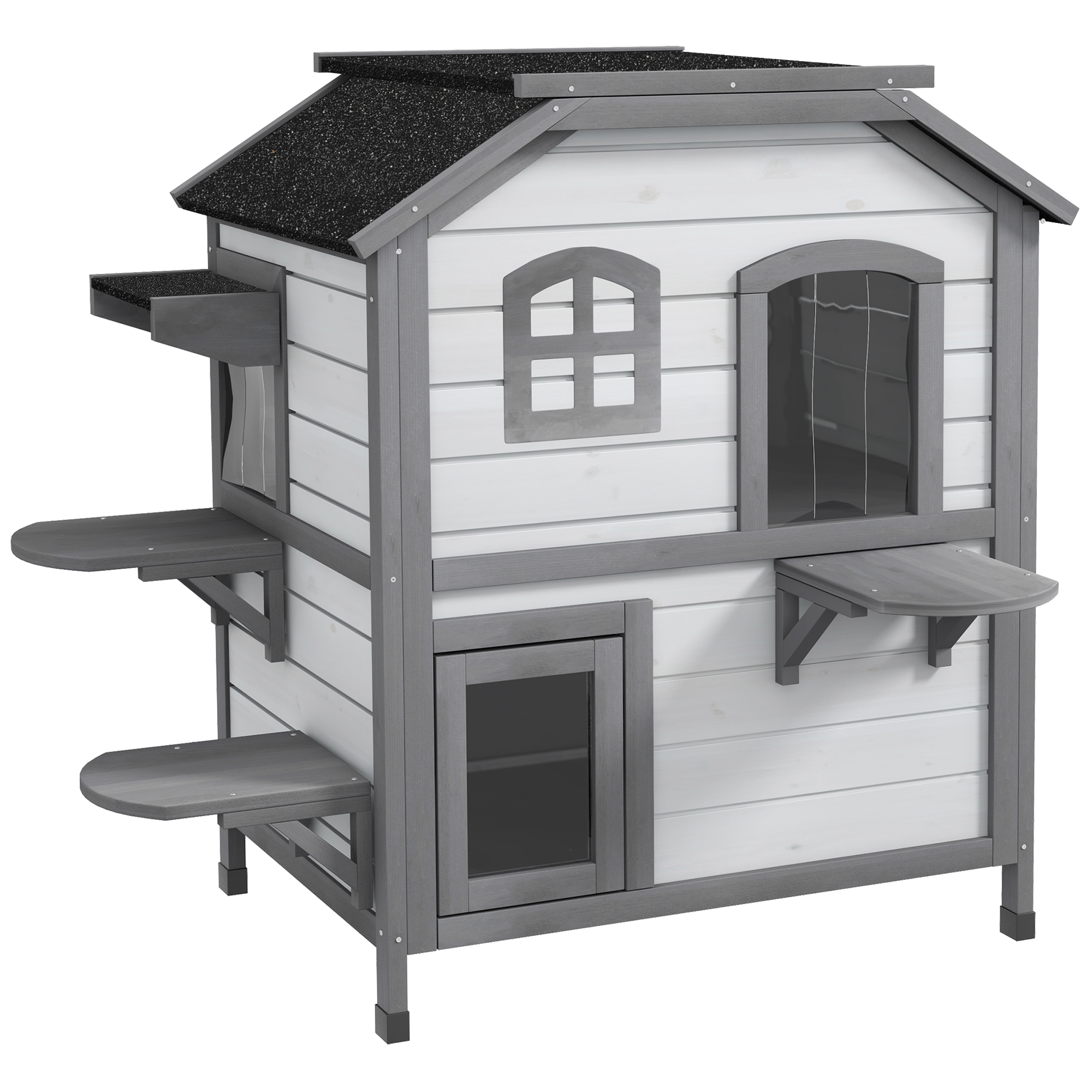 Kattenhuis Kattenhok Kattenhol, 2 Verdiepingen, weerbestendig, 78,1 cm x 55,2 cm x 90,8 cm, Wit + Grijs