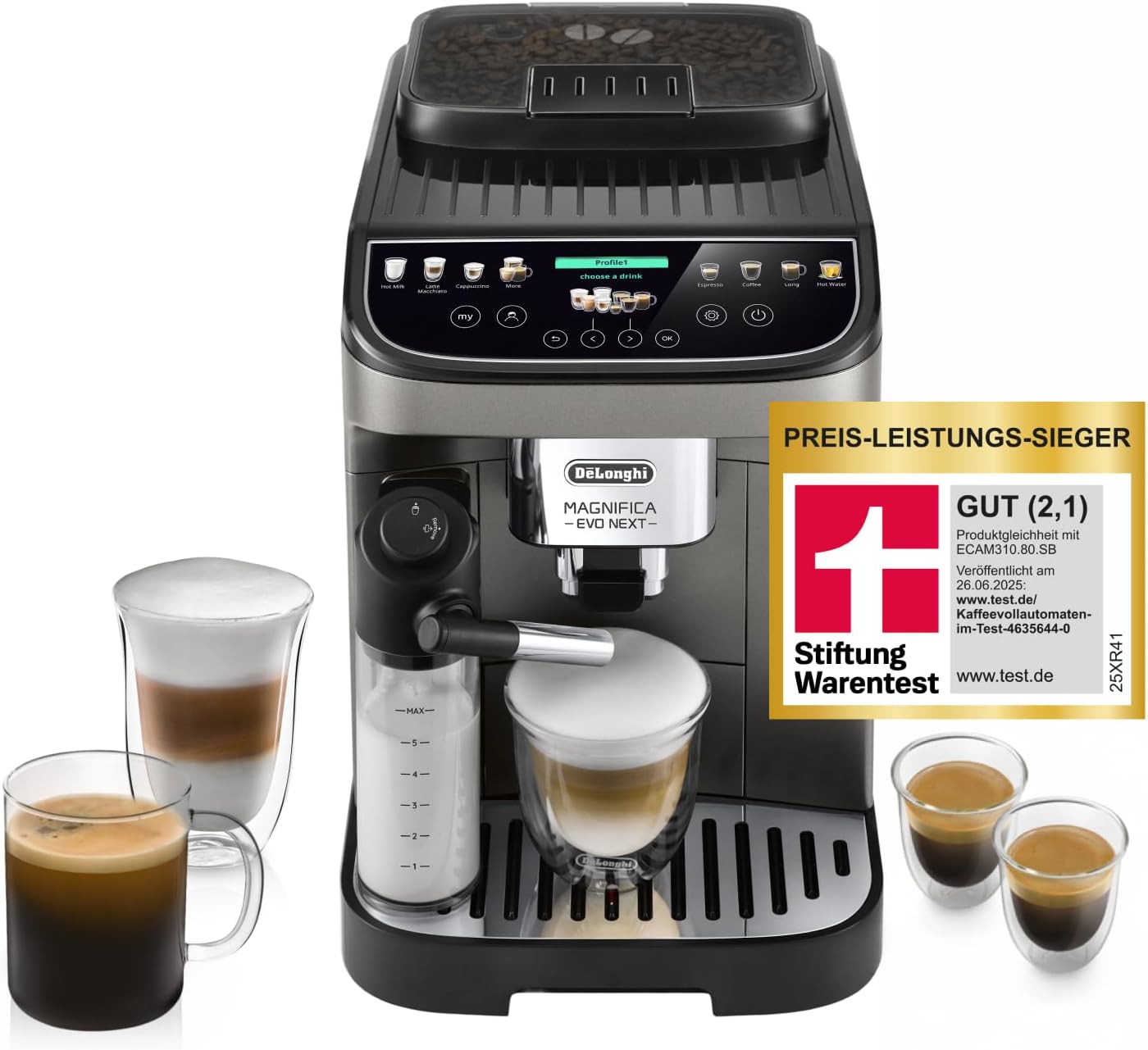 De’Longhi Magnifica Evo Next - Perfetto Kaffeevollautomat mit LatteCrema-Milchaufschäumer, 13 One-Touch-Getränke, Coffee- und Cappuccino Kaffeemaschine, farbiges Touch-Display, Titan (ECAM312.80.TB)