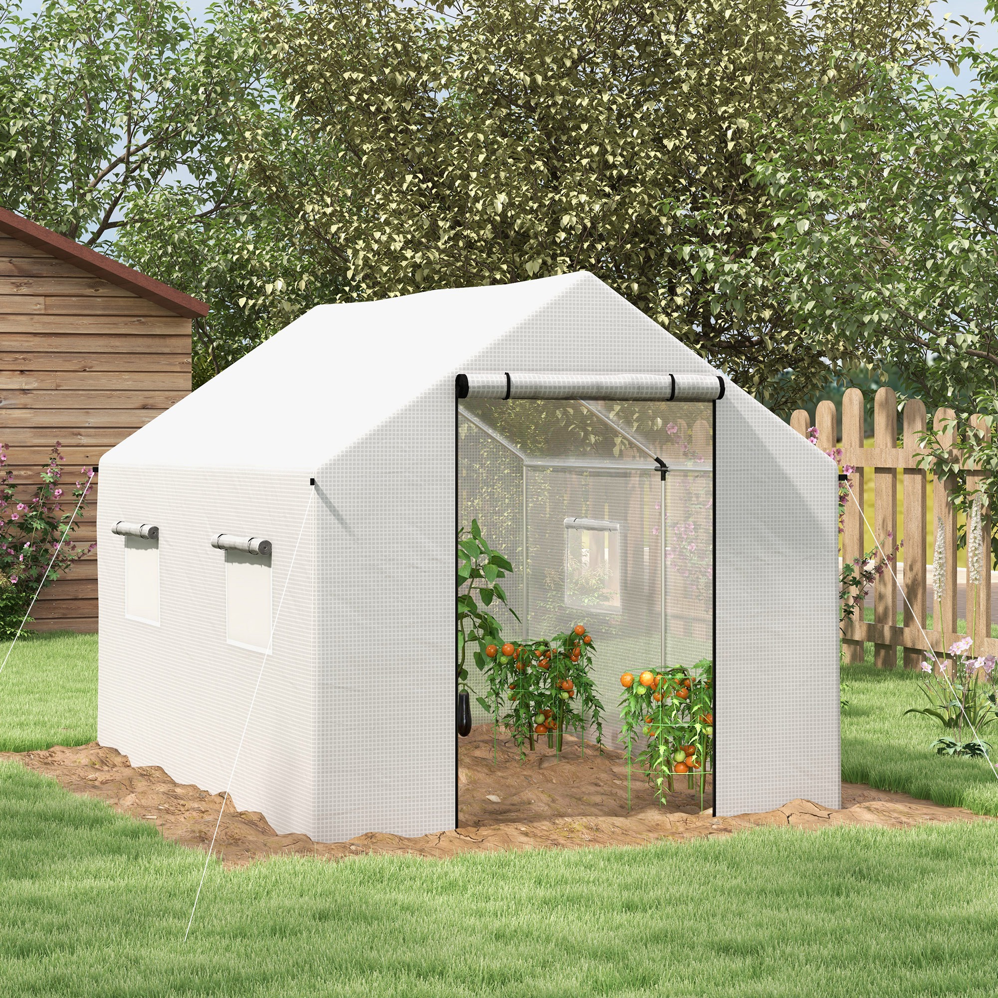 Outsunny Garten-Tunnelgewächshaus 2 x 3m, 6m² mit Rolltür, 4 Fenstern - Verzinkter Stahl PE Hochdichte Weiß