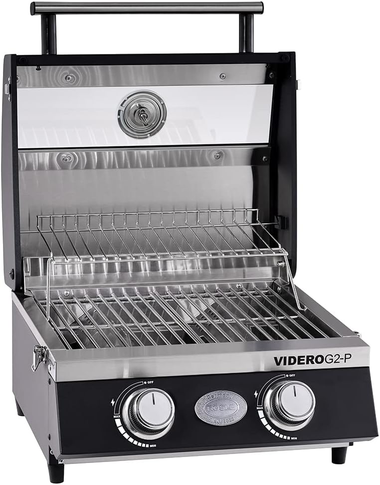 RÖSLE Gasgrill BBQ-Portable VIDERO G2-P, tragbarer Tischgrill mit 2 Edelstahlbrennern, Warmhalterost und Deckel mit Glaseinsatz sowie Deckelthermometer, pulverbeschichteter Stahl, 50 mbar, schwarz
