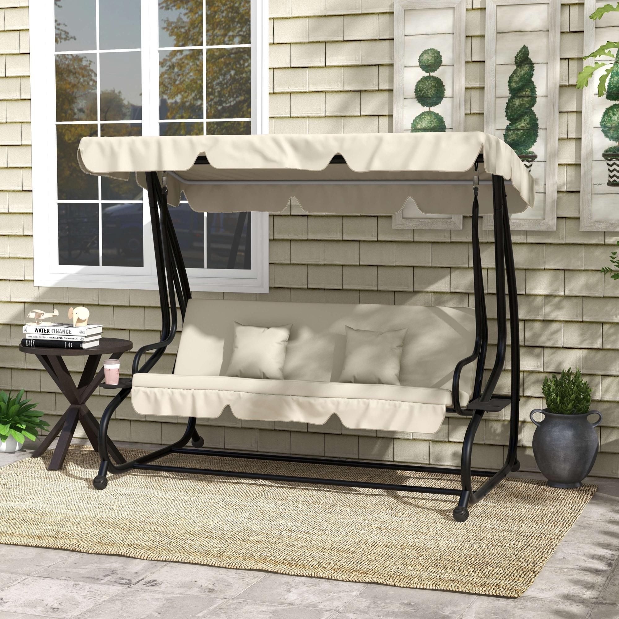 Outsunny 2-in-1 Hollywoodschaukel mit Liegefunktion, verstellbares Dach, bis 340 kg, Stahl, 200x120x164 cm, Cremeweiß