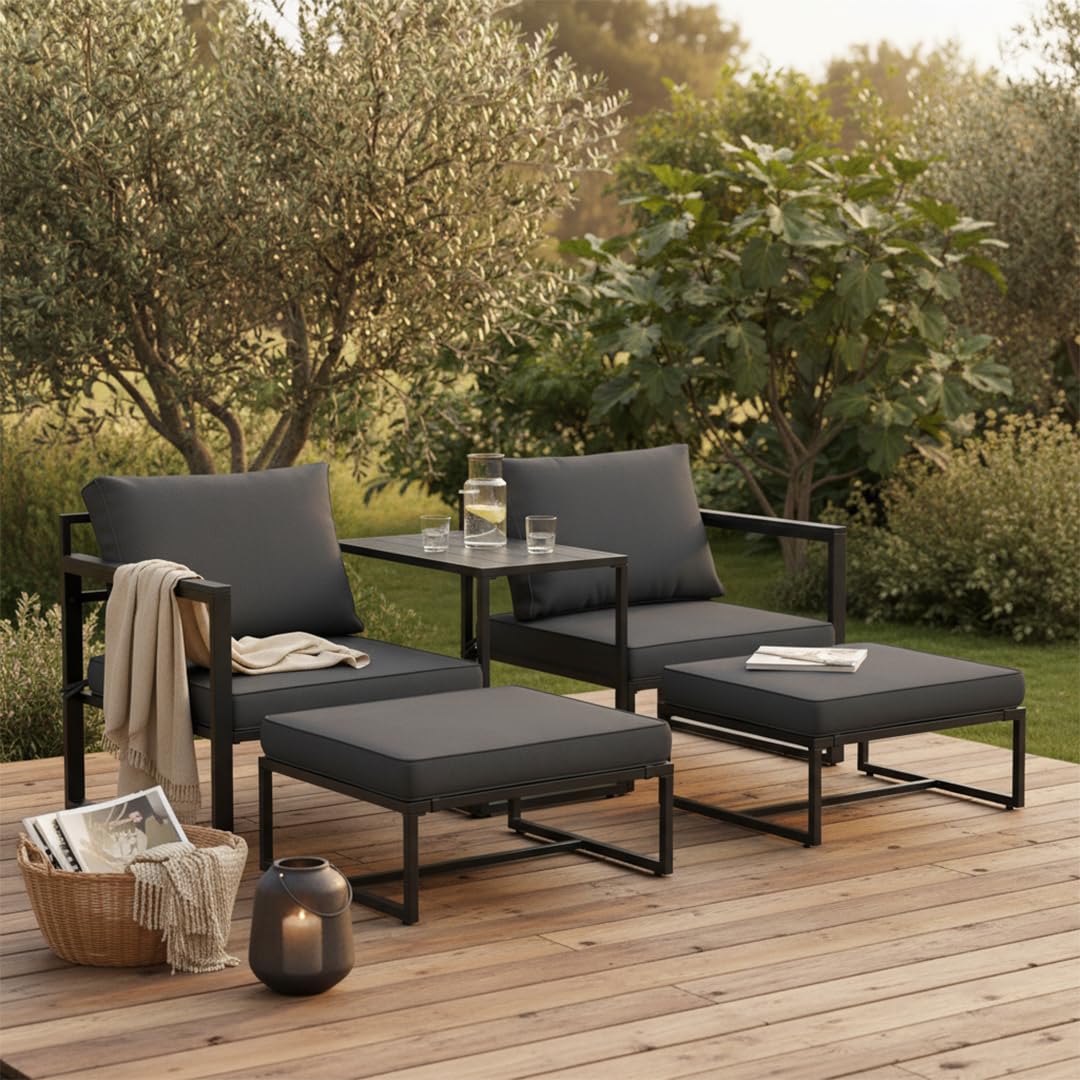 STEELSØN Asteri Gartenmöbel 5er Set für 2 bis 4 Personen in Schwarz und Anthrazit für Terrasse und Garten