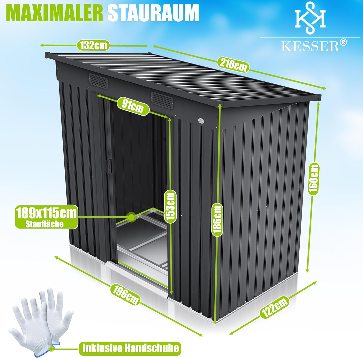 KESSER® - Gerätehaus L Metall 4 m³ mit Fundament | 210x132x186 cm | 2X Schiebetür & Fundament | Geräteschuppen | Gartenhaus Schrank | Pultdach Garten Schuppen, Ink. Arbeitshandschuhe, Anthrazit