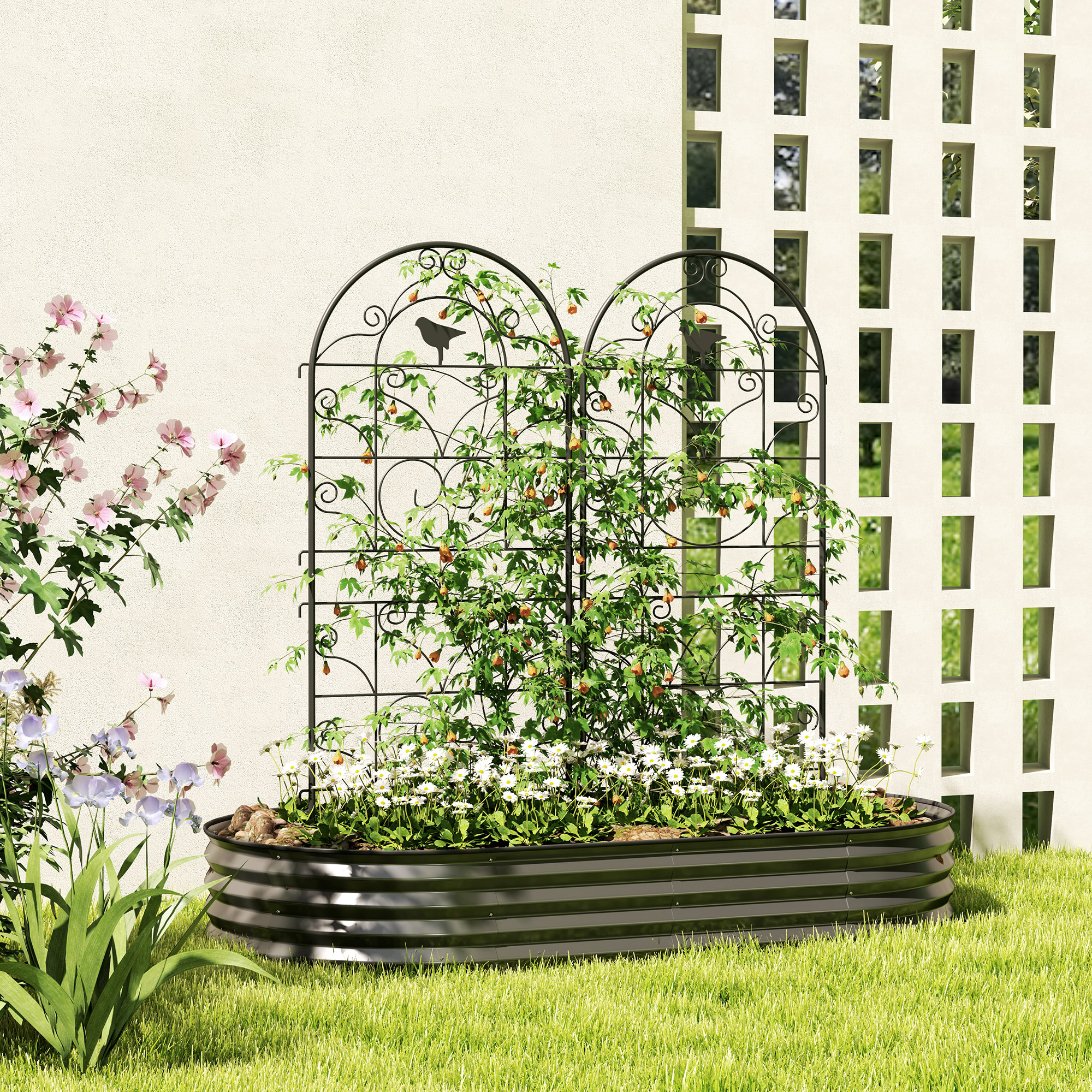 Outsunny Rankgitter Metall 2er Set zum Stecken rostfrei Rankhilfe mit Vogeldesign für Kletterpflanzen 50x120 cm Schwarz