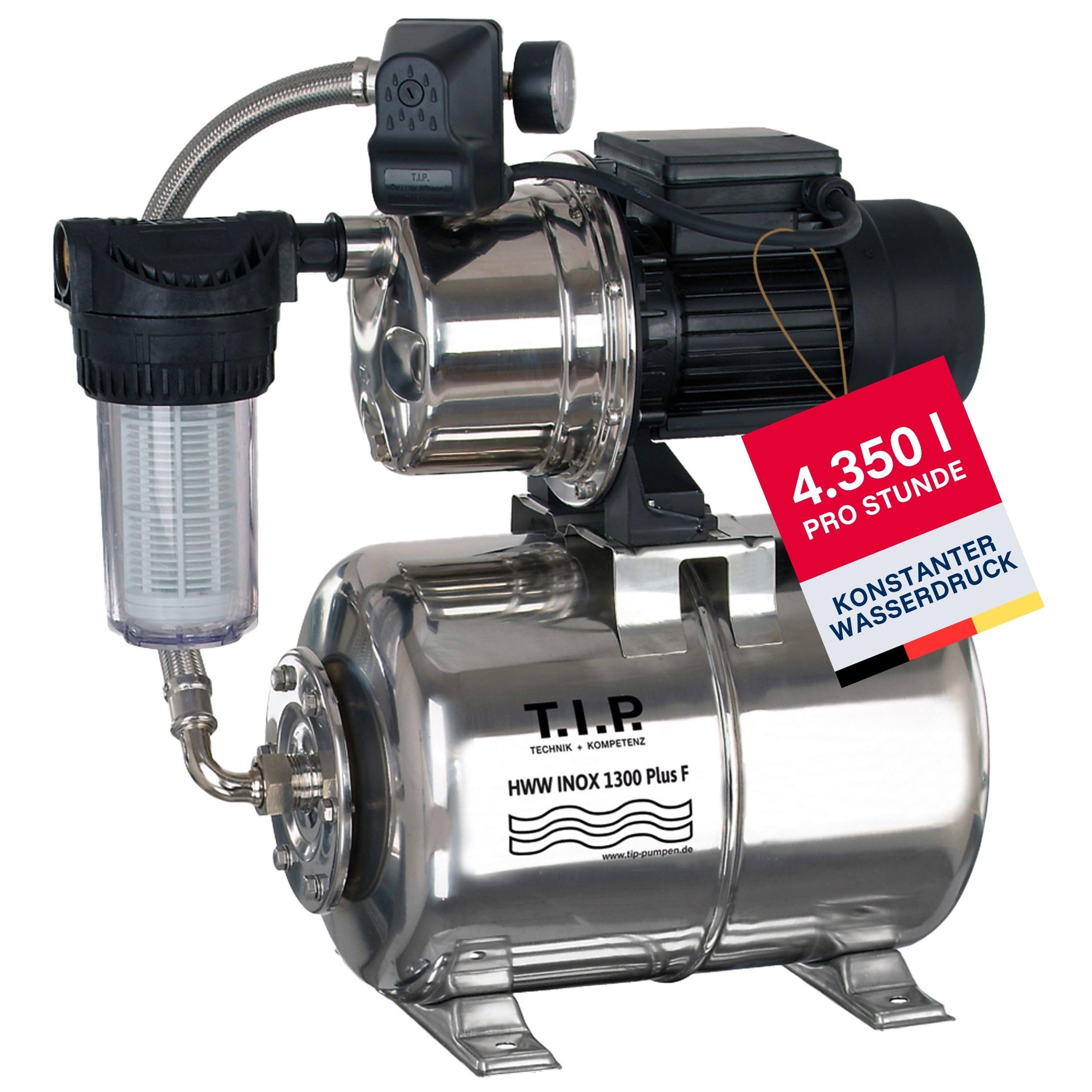 TIP Hauswasserwerk HWW INOX 1300 Plus F 1200W selbstansaugende Jet Pumpe 4350 l/h 50m Edelstahl Druckkessel