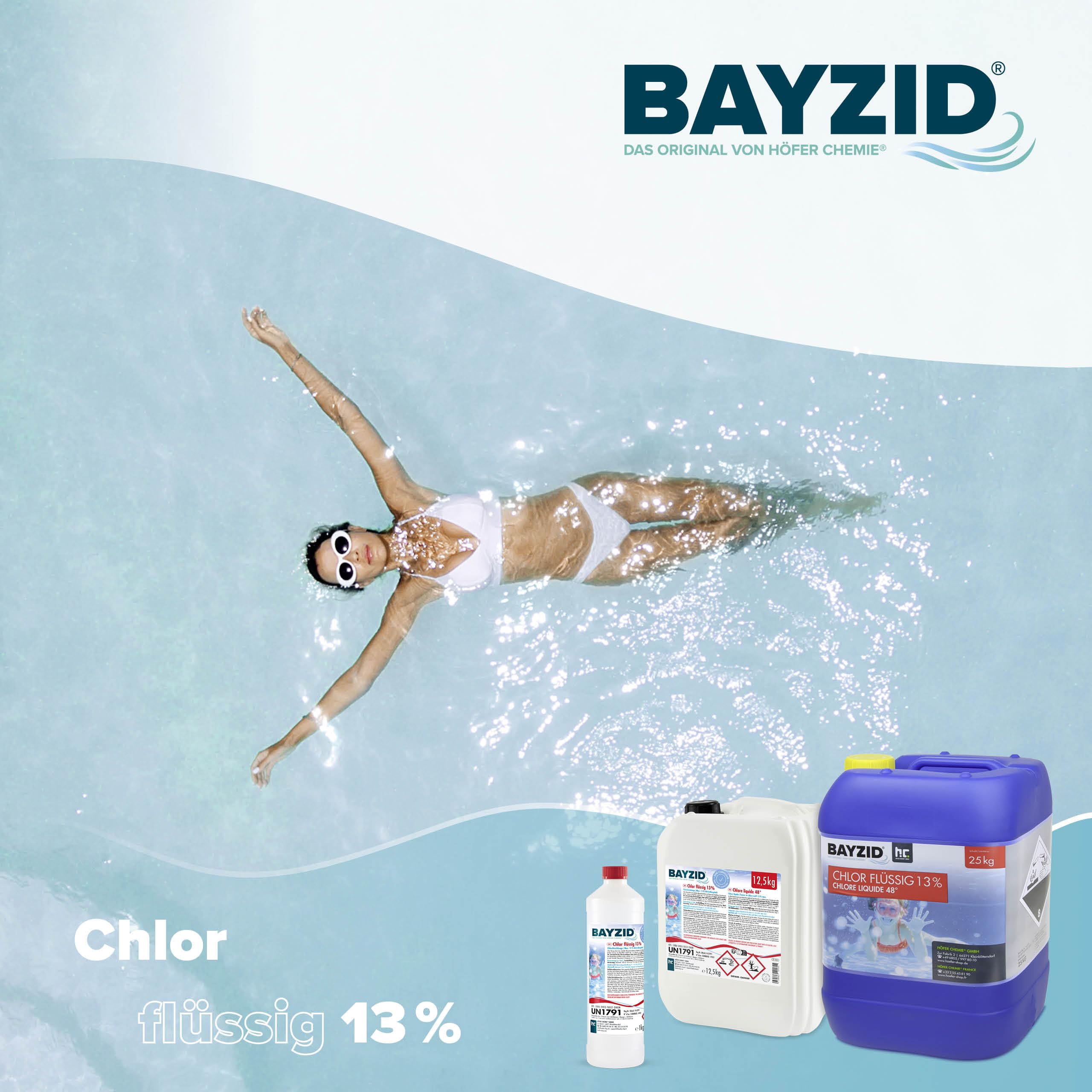 Höfer Chemie Chlorflüssig 4x25kg 13 bis 15% Aktivchlorgehalt für Poolpflege Wasserdesinfektion Made in Germany