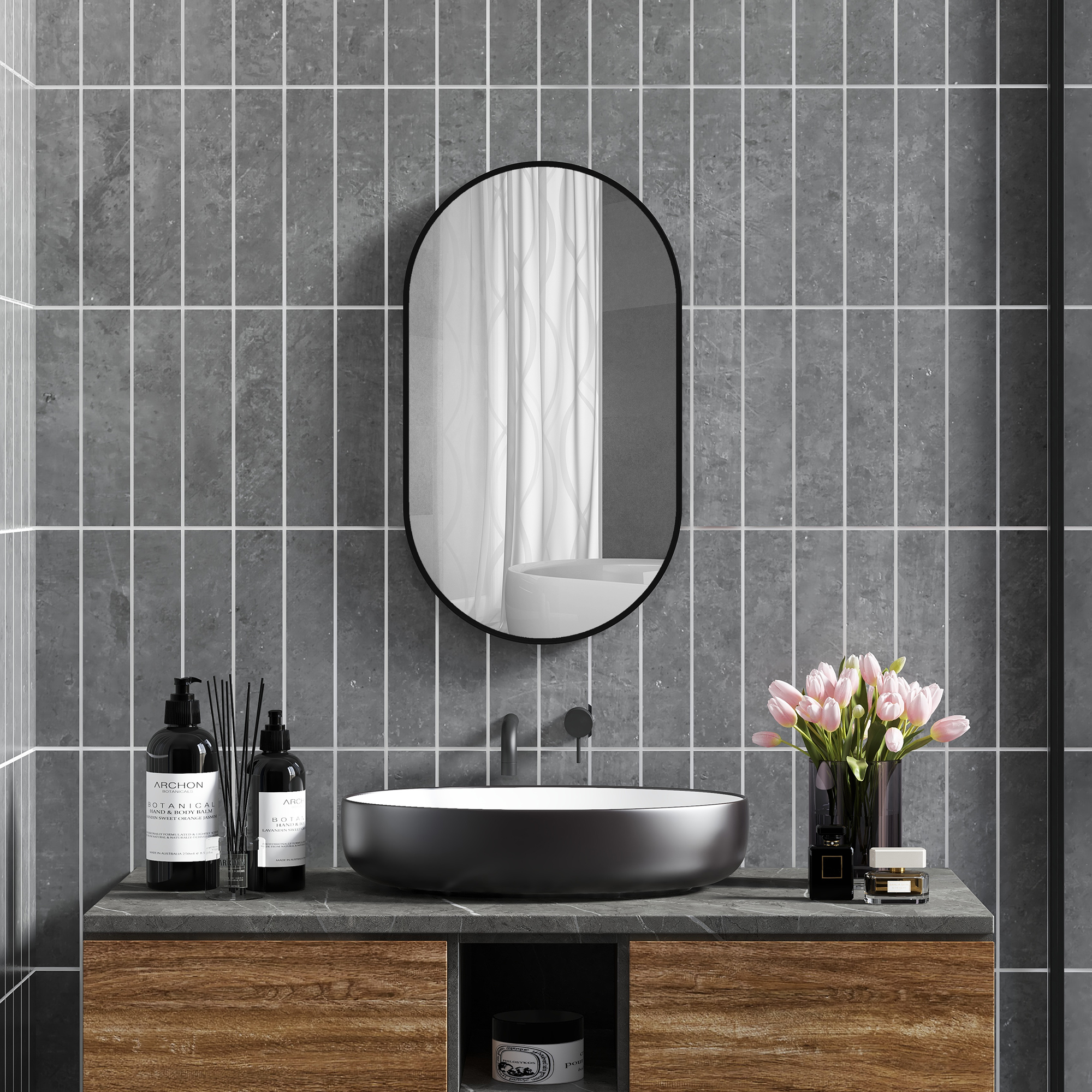 HOMCOM Ovaler Wandspiegel mit Aluminiumrahmen im minimalistischen Stil, vertikale oder horizontale Montage mit 3 Haken 40 x 70 cm Schwarz
