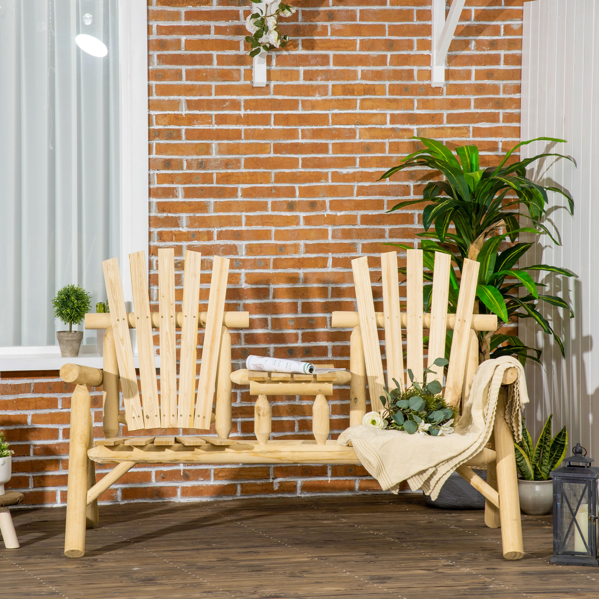 Outsunny Gartenbank-Kombination für 2 Personen, integrierter Tisch, Naturholz, 157 x 88 x 103 cm
