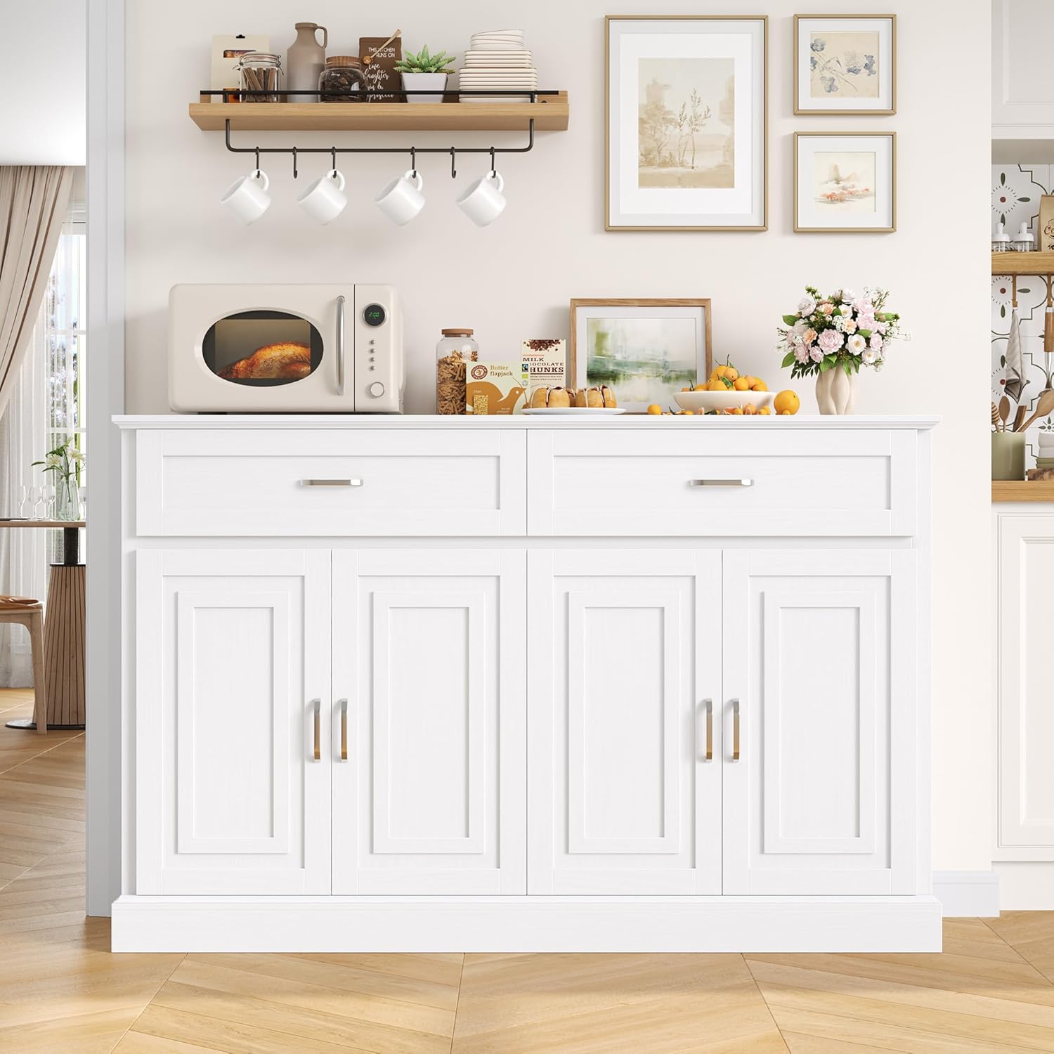 FirFurd 140CM Credenza Cucina,Mobile Cucina con 2 Cassetti e 4 Ante, Madia Soggiorno Moderna con Ripiani Regolabili e Rimovibile, per Cucina, Sala da Pranzo, Soggiorno, 140x39.5x92.2cm Bianco