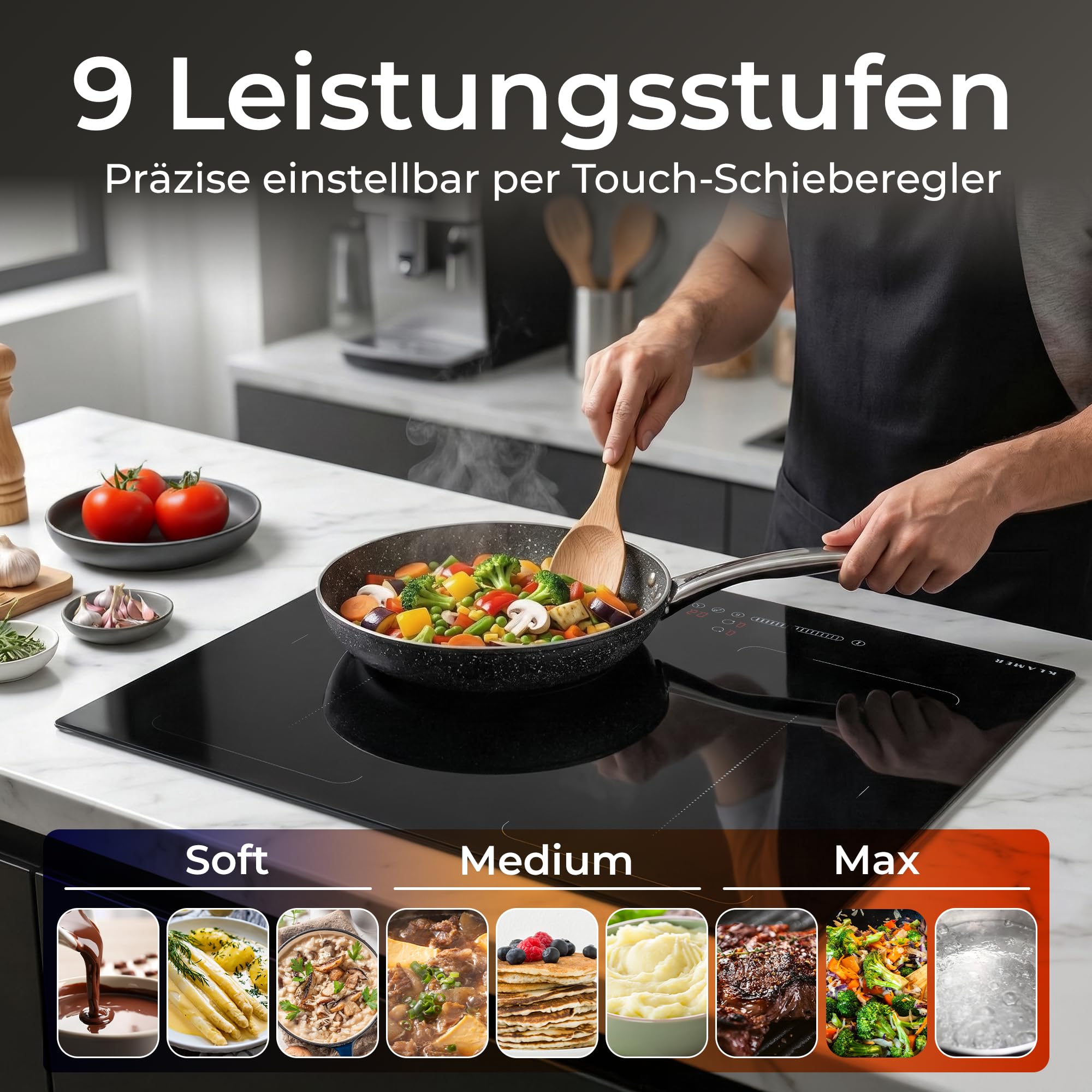 Induktionskochfeld 60 cm 4 Zonen 2 Flexzonen 7400 W Glaskeramik Boost-Funktion Timer Kindersicherung Abschaltautomatik