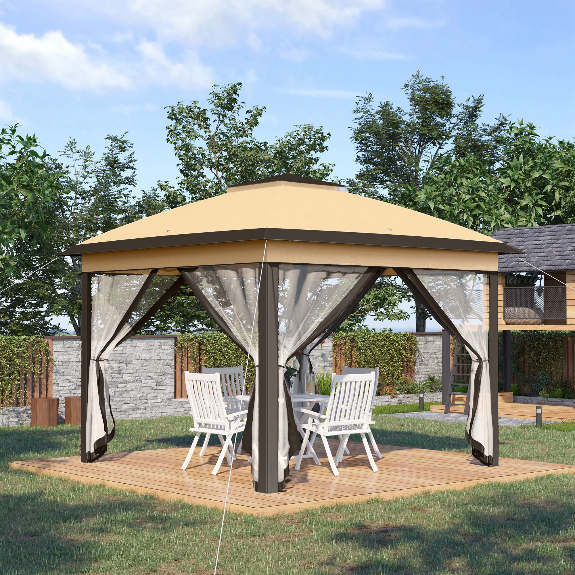 Outsunny Faltpavillon, Gartenpavillon, Metall und Stoffplane, Netzvorhänge, Entwässerungslöcher, 330L x 330B x 288H cm, Beige
