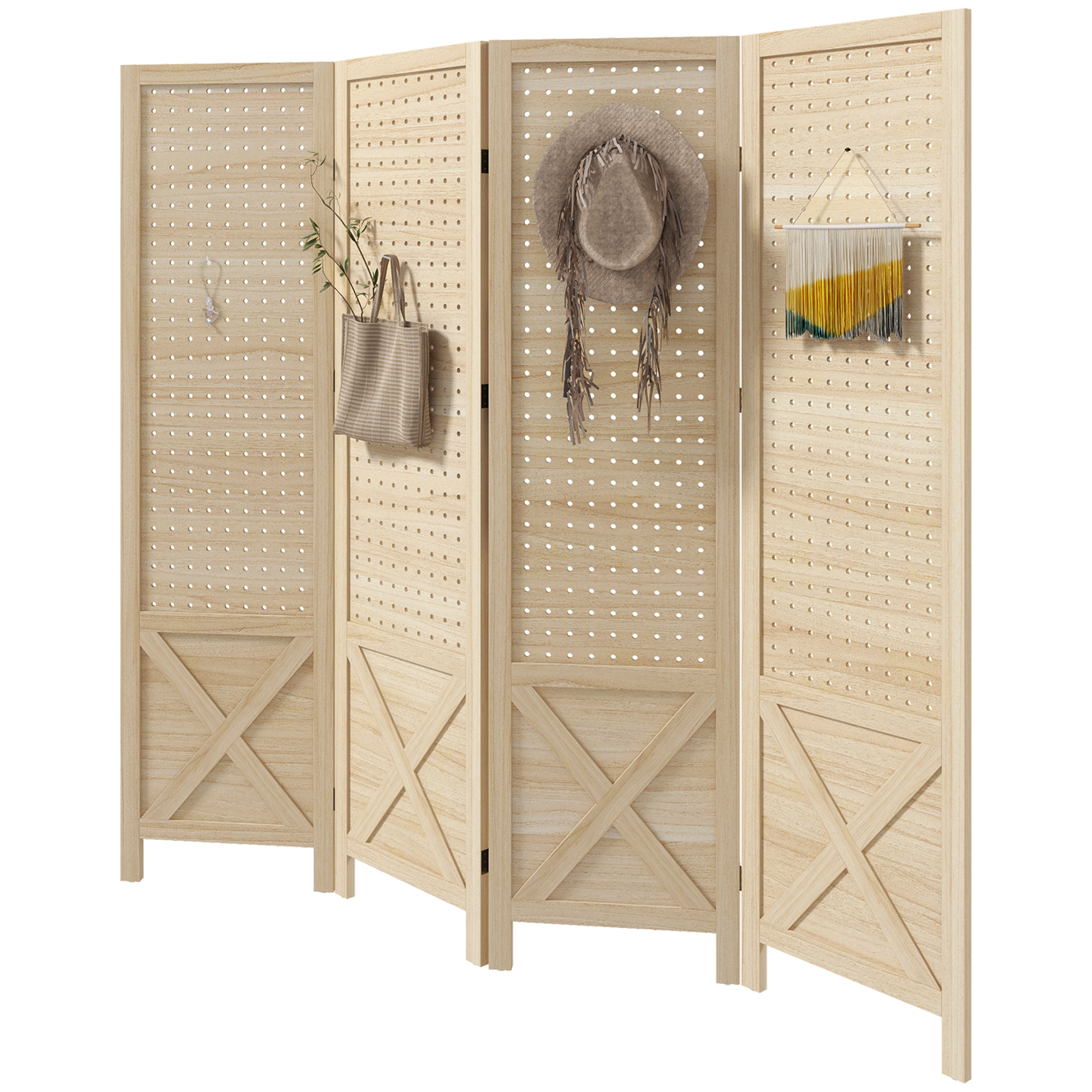 HOMCOM Innen-Paravent aus Holz, 4 Paneele, faltbarer Raumteiler, perforiertes Panel 152 x 1,7 x 144,5 cm Naturholz