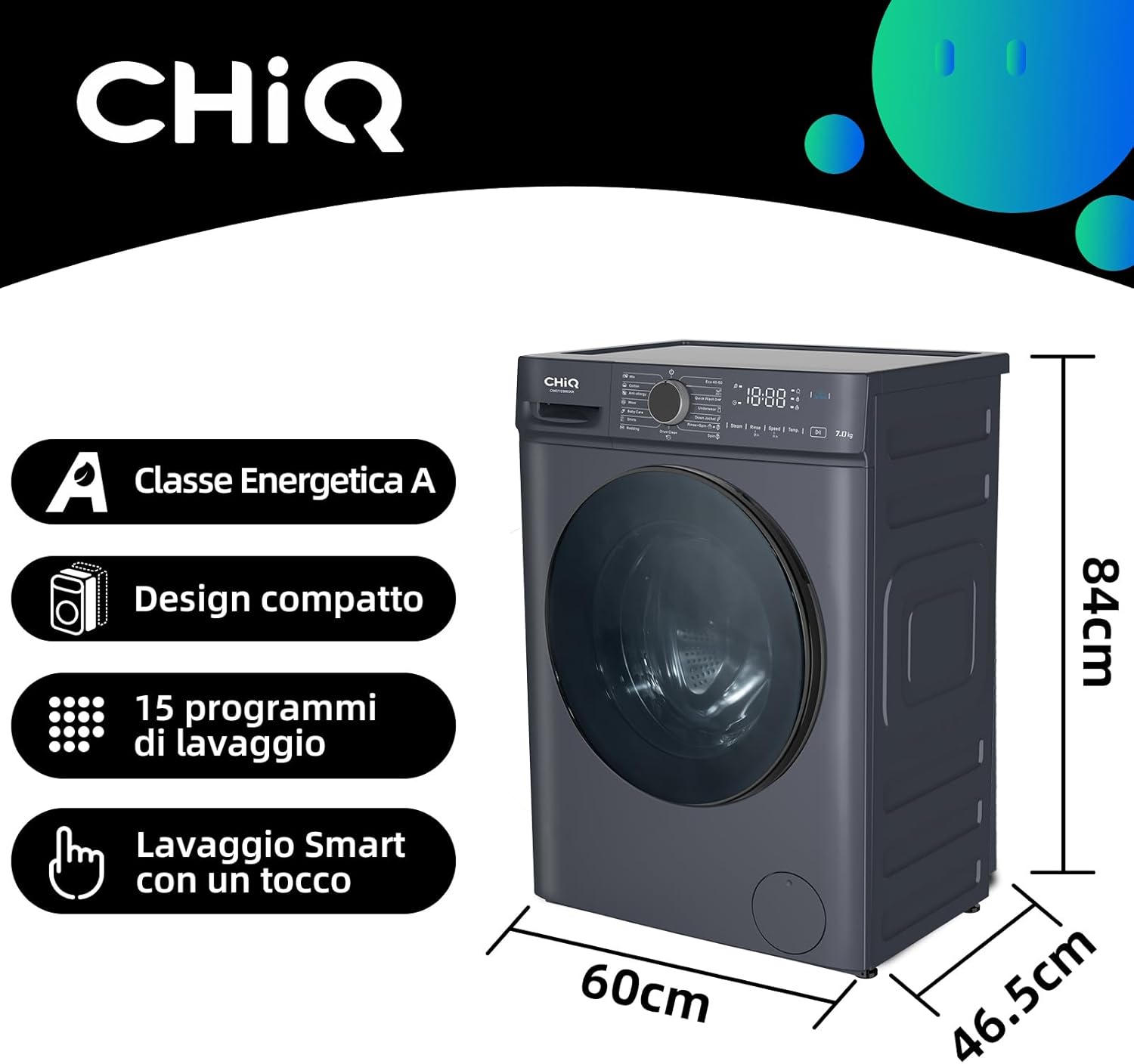 CHiQ CW07123863AX Lavatrice incasso - 7kg, Classe A, Motore BLDC 1200 RPM, Vapore e Lavaggio rapido, 15 Programmi, Design compatto (60x46,5x84cm) - Grigio moderno
