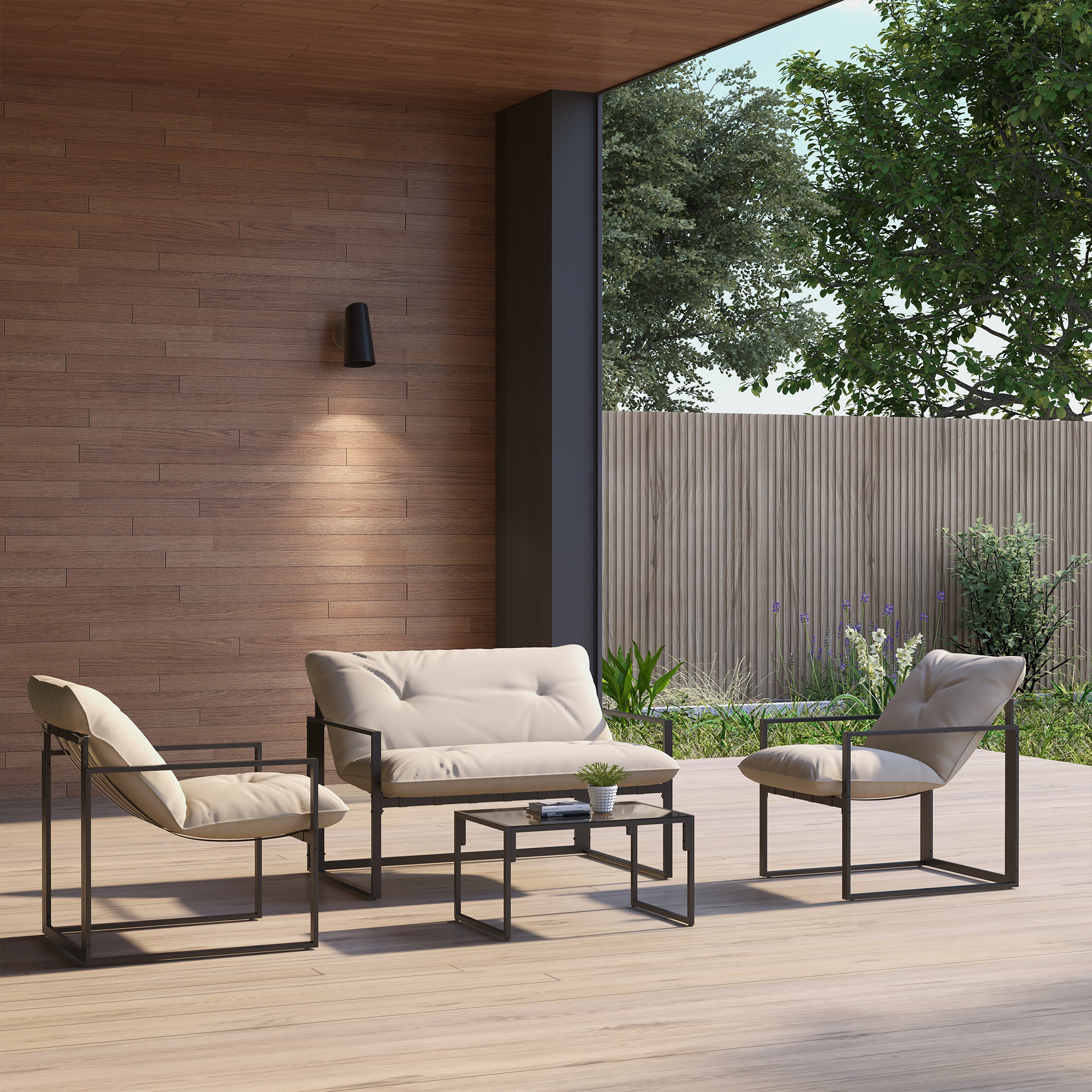 Outsunny Gartenmöbel-Set, 1 Glastisch, 2 Sessel. 1 Sofa, wetterbeständig,114 cm x 70 cm x 67 cm, Grau+Beige