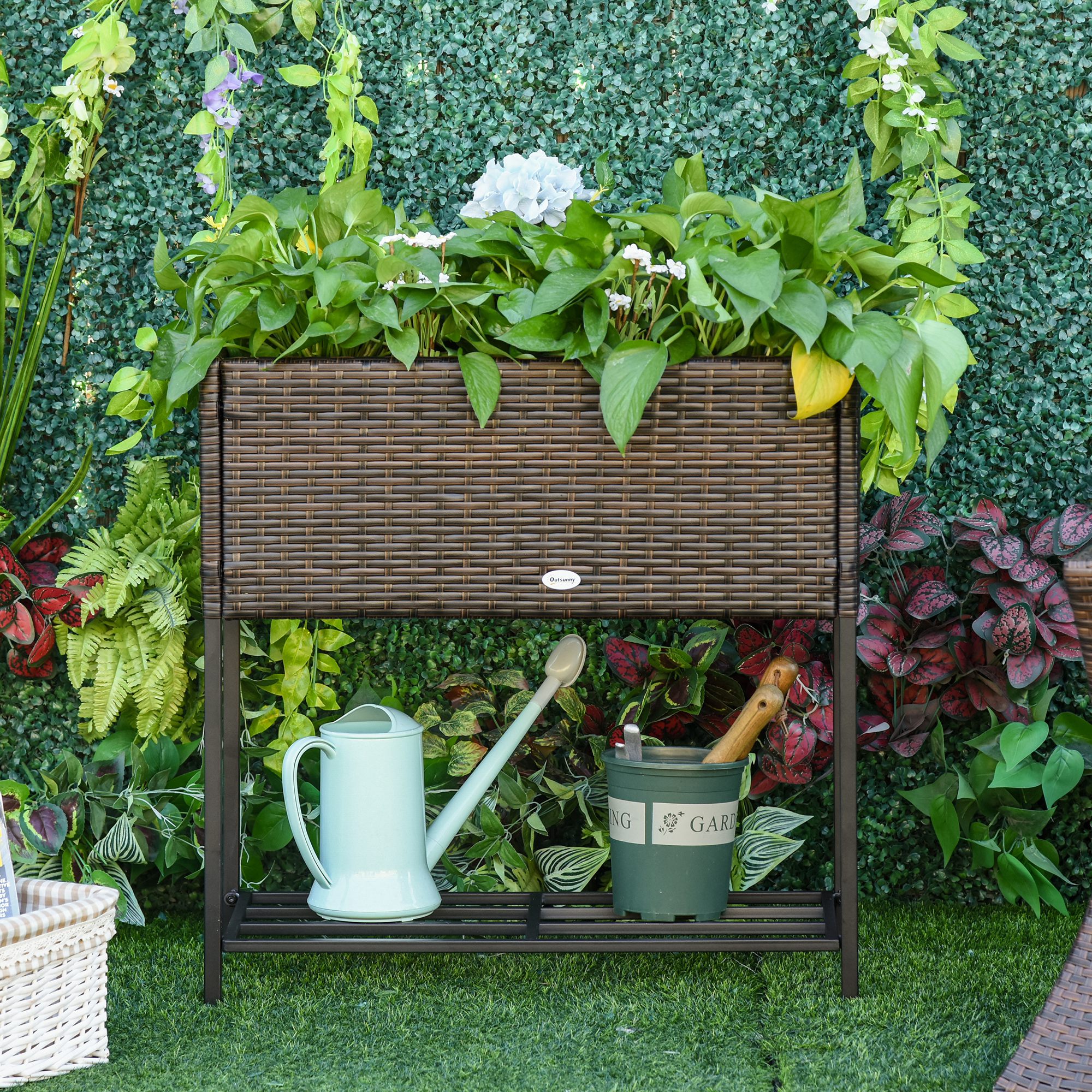 Outsunny Poly rotan bloembak met verhoogd bed en poten Bloempot met plank bruin 70 x 30 x 72 cm