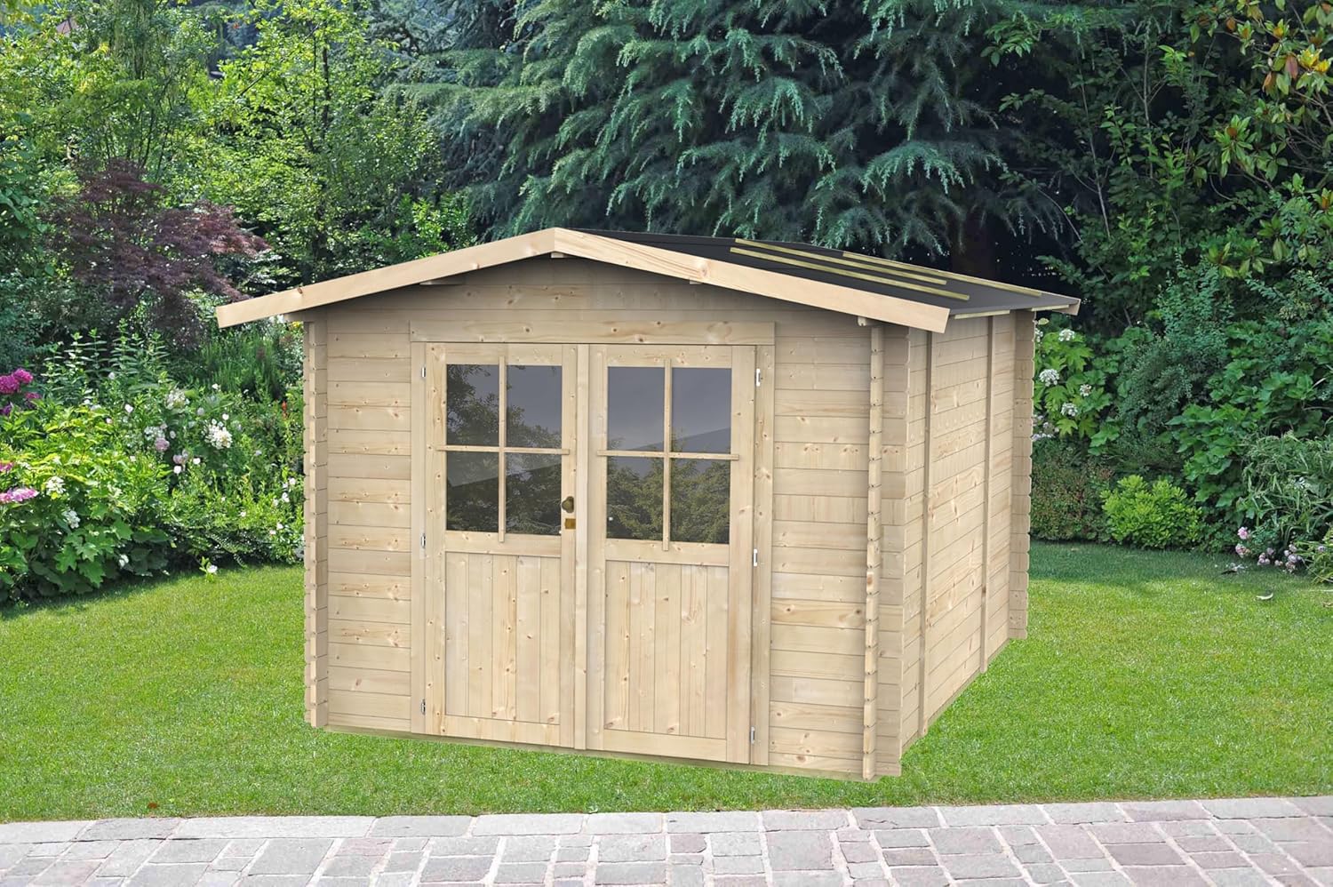 Gartenhaus Bh25 Opera 300x250 aus Fichtenholz 25 mm mit Doppeltür und Fenster, Nut-und-Feder-Dach und Boden, Fundamentbalken, einfacher Aufbau, PEFC-Zertifiziert