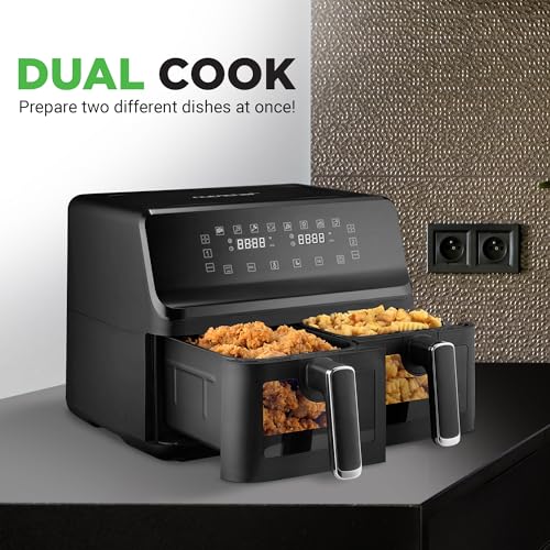 Nutrichef Double Basket Air Fryer 8.8 QT | Family Size Oil Free Airfryer with Transparent Window | 9 1 Preset Cooking Options | 360° Hot Air Circulation Technology | 4.4 QTs per Basket | Black : Home & Kitchen