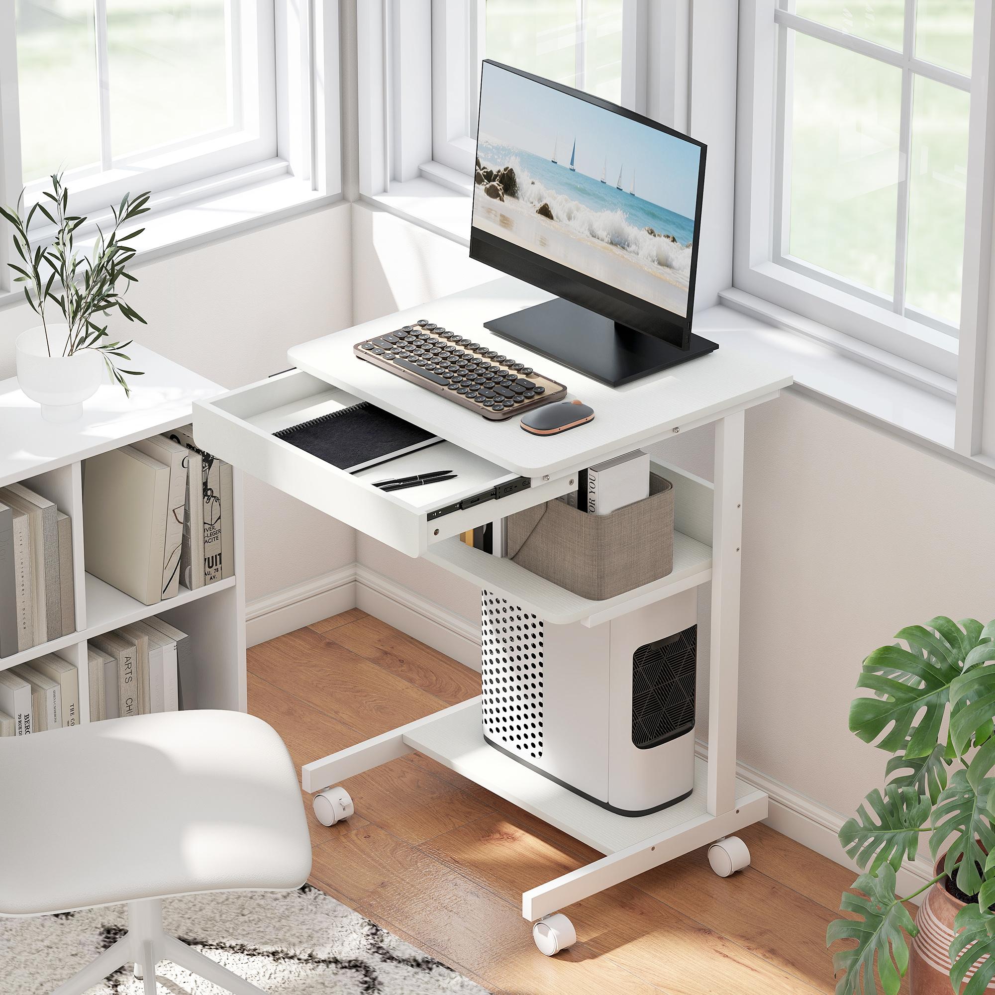 HOMCOM Computertisch auf Rollen, Schreibtisch mit Stauraum 56 x 51 cm mit Schublade, Fach und CPU, Weiß