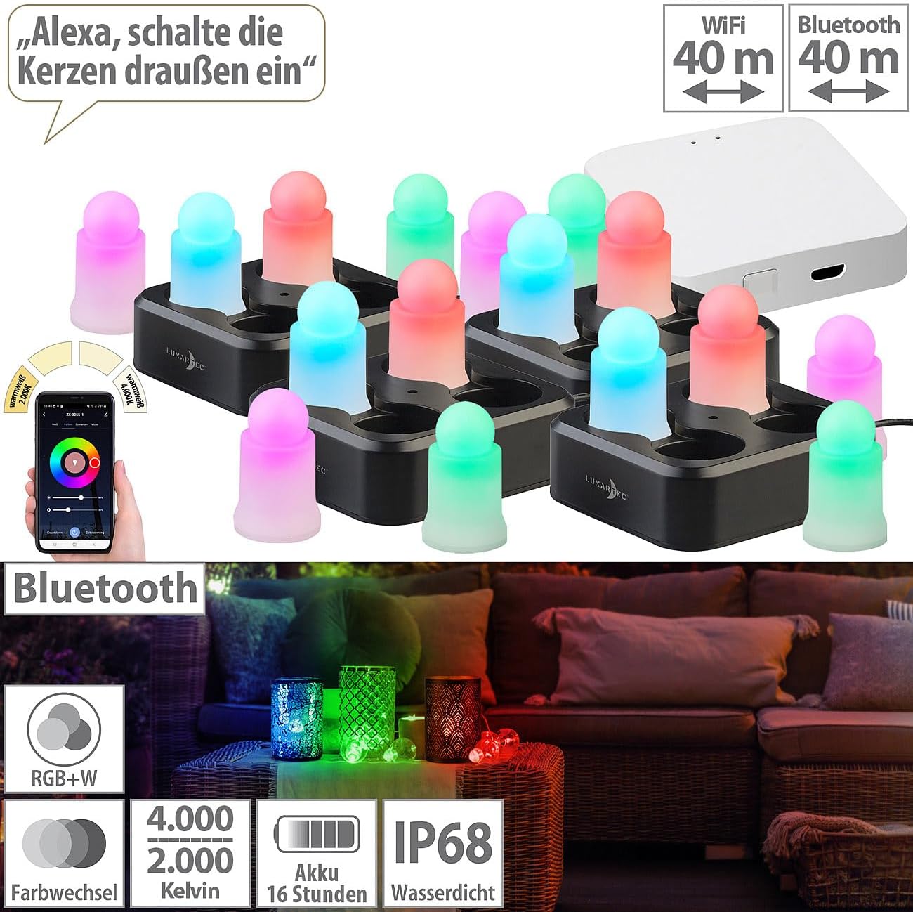 Lunartec LED-Kerzenlampe: 16er-Set wetterfeste LED-RGBWW-Kerzen mit Akku, Ladeschale, Gateway (Partylichter, WLAN-Kerzen, Home)
