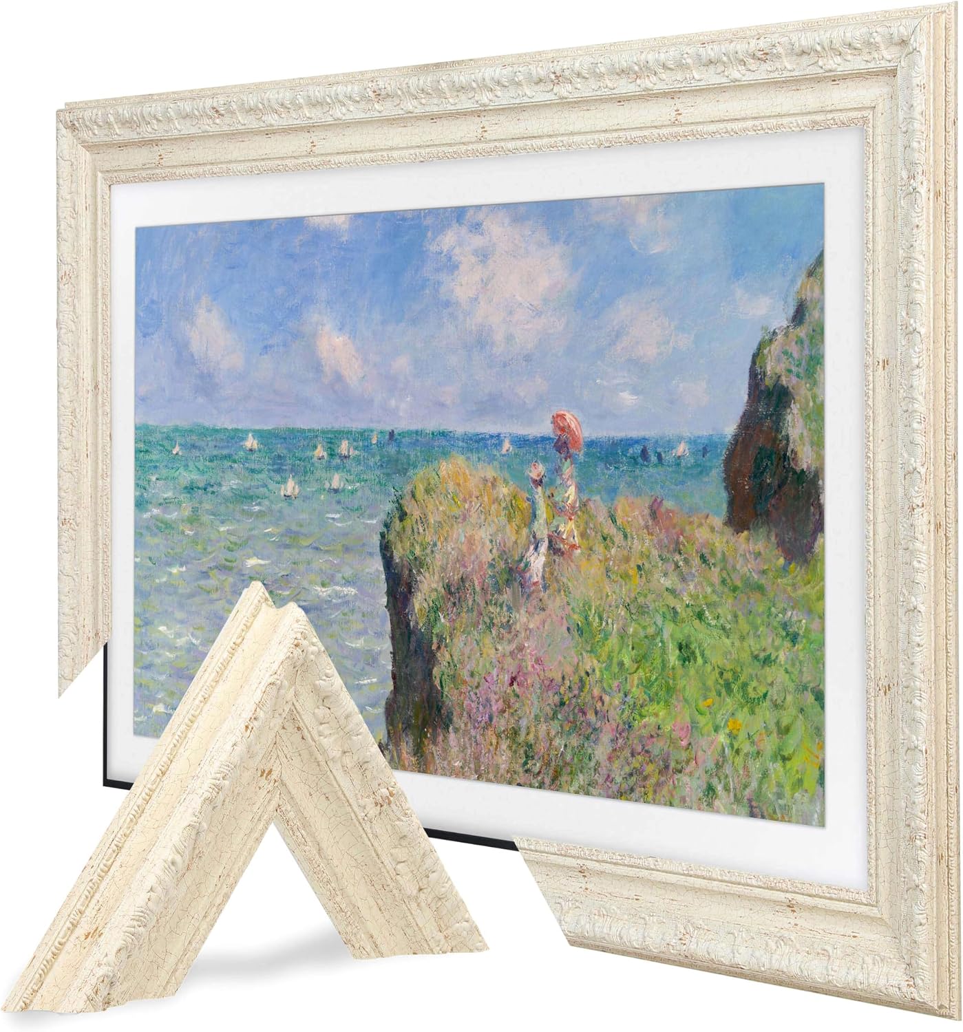 Fernseher, 85 Zoll, Schwarz, TV-Rahmen kompatibel mit Samsung The Frame & Pro, Antikweiß, geeignet für wandmontierte