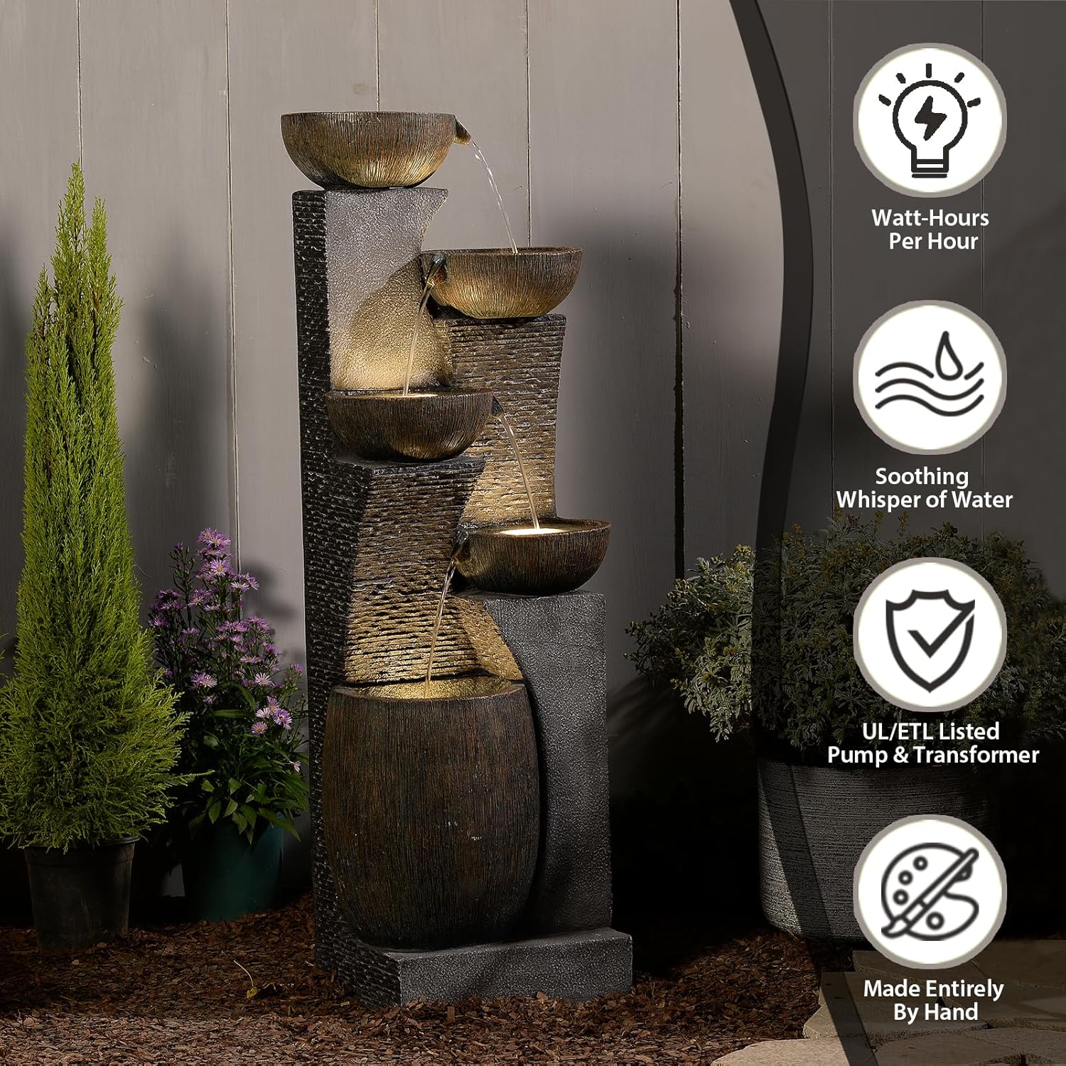 Bumilgar Großer Gartenbrunnen Springbrunnen für Außen mit LED Beleuchtung, 5-stufiger Wasserspiel Wasserfall Brunnen für Garten,Balkon,Terrasse,134x46x37 cm