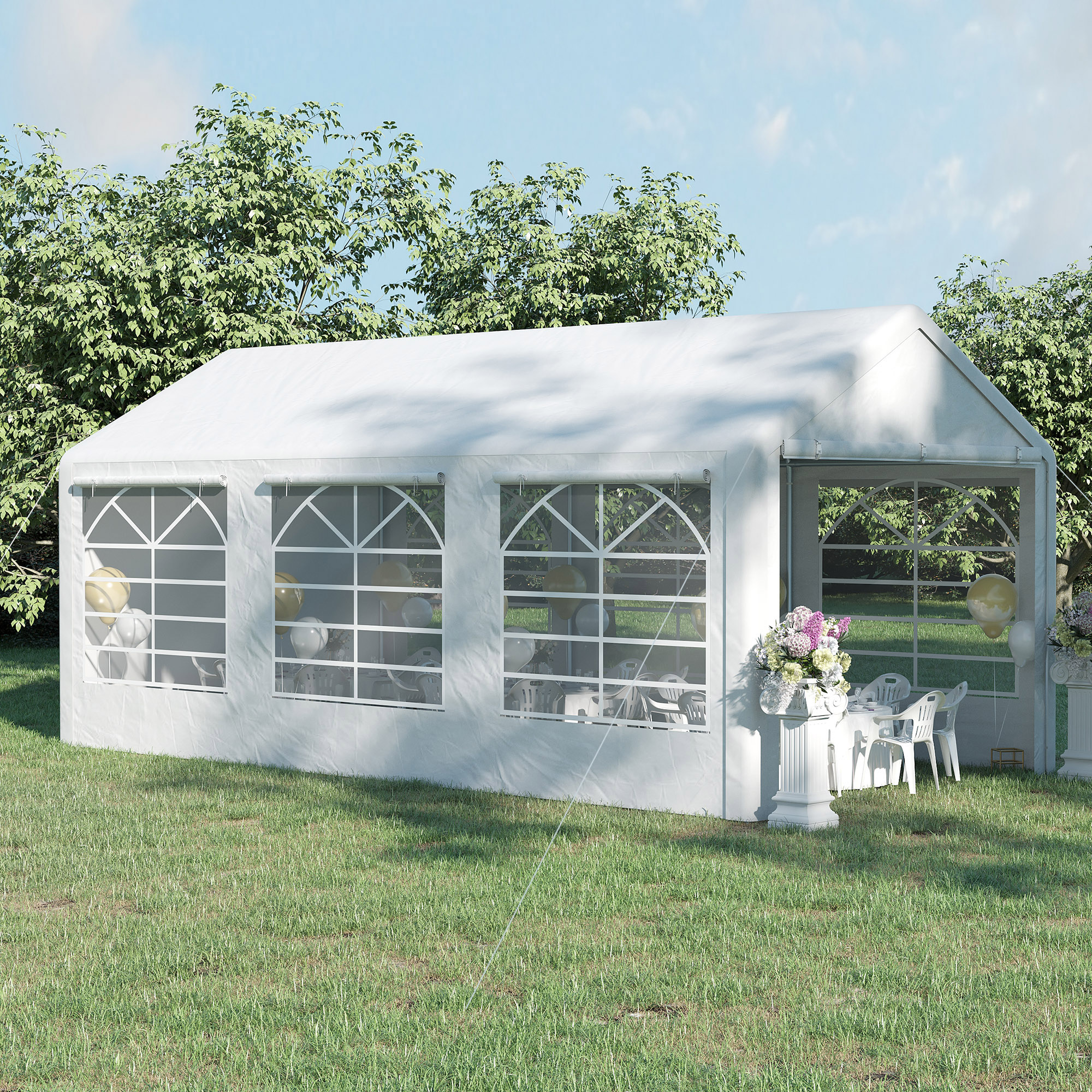 Outsunny Pavillon Partyzelt  3x6m Garten Festzelt Gartenpavillon mit 4 Seitenwänden Fenster Polyester+Metall Weiß