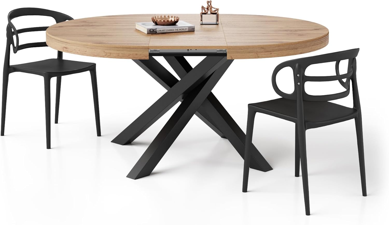 MOBILI FIVER, Runder ausziehbarer Tisch Emma, 120-160 cm, Rustikale Eiche mit gekreuzten Schwarzen Beinen, Made In Italy