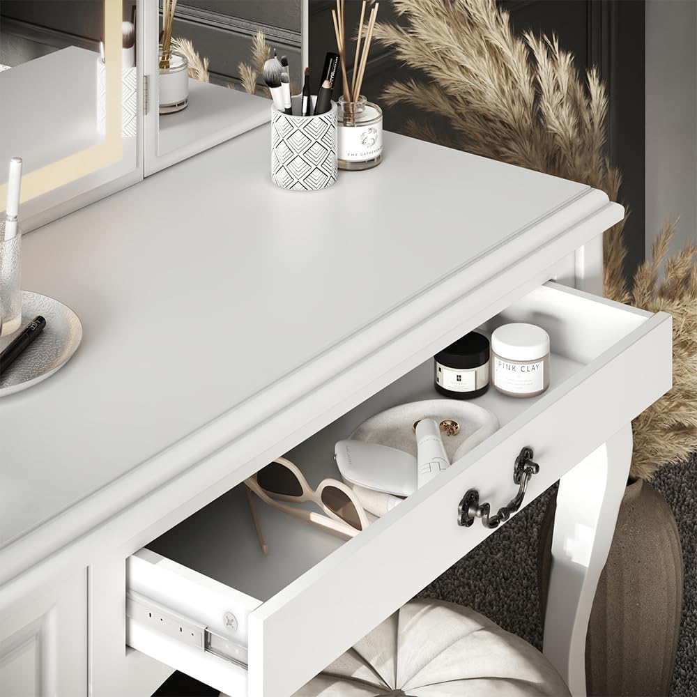 Vicco Belle White Dressing Table 120cm with Dimmable LED Lighting
