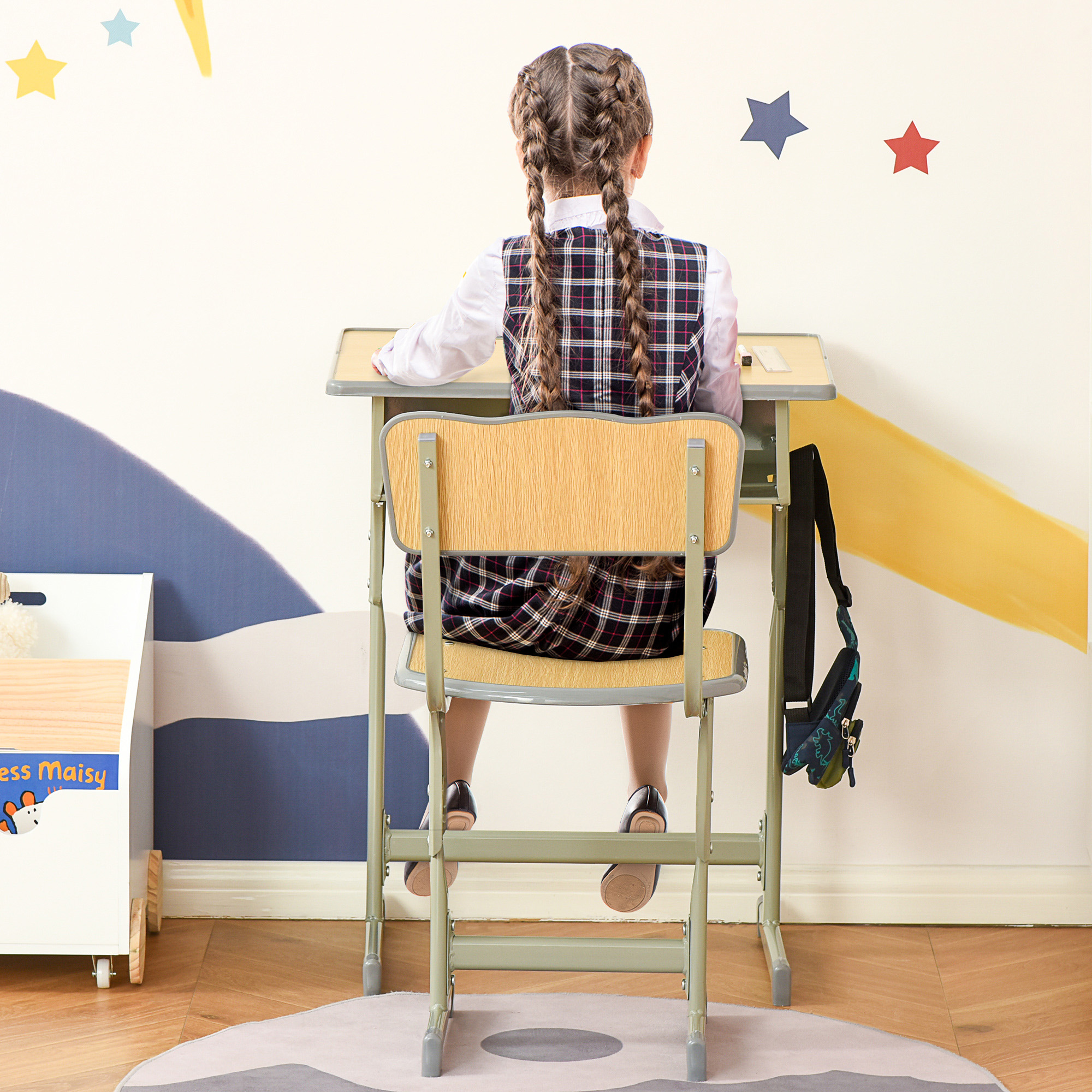 HOMCOM Kinder-Schreibtisch Vintage Schulbank-Stil - Kinder-Schreibtisch und Stuhl verstellbar - Kasten, Taschenhalter, Stiftehalter - Stahl in Khaki MDF-helle Holzoptik
