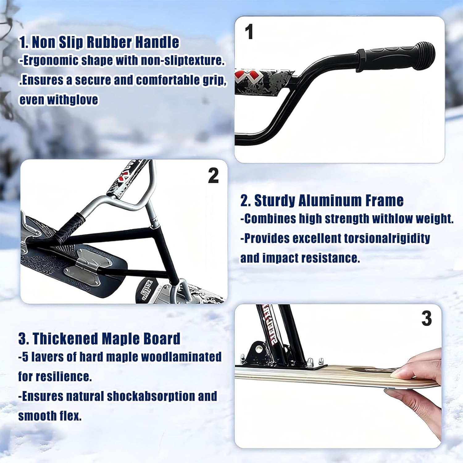 Schneescooter-Schlitten für Erwachsene, Gleitski-Snowboard mit Gummigriffen, Snowboard-Schlitten,Sportarten, professionelles Schneemobil für jedes Gelände, Tragkraft 100 kg Black
