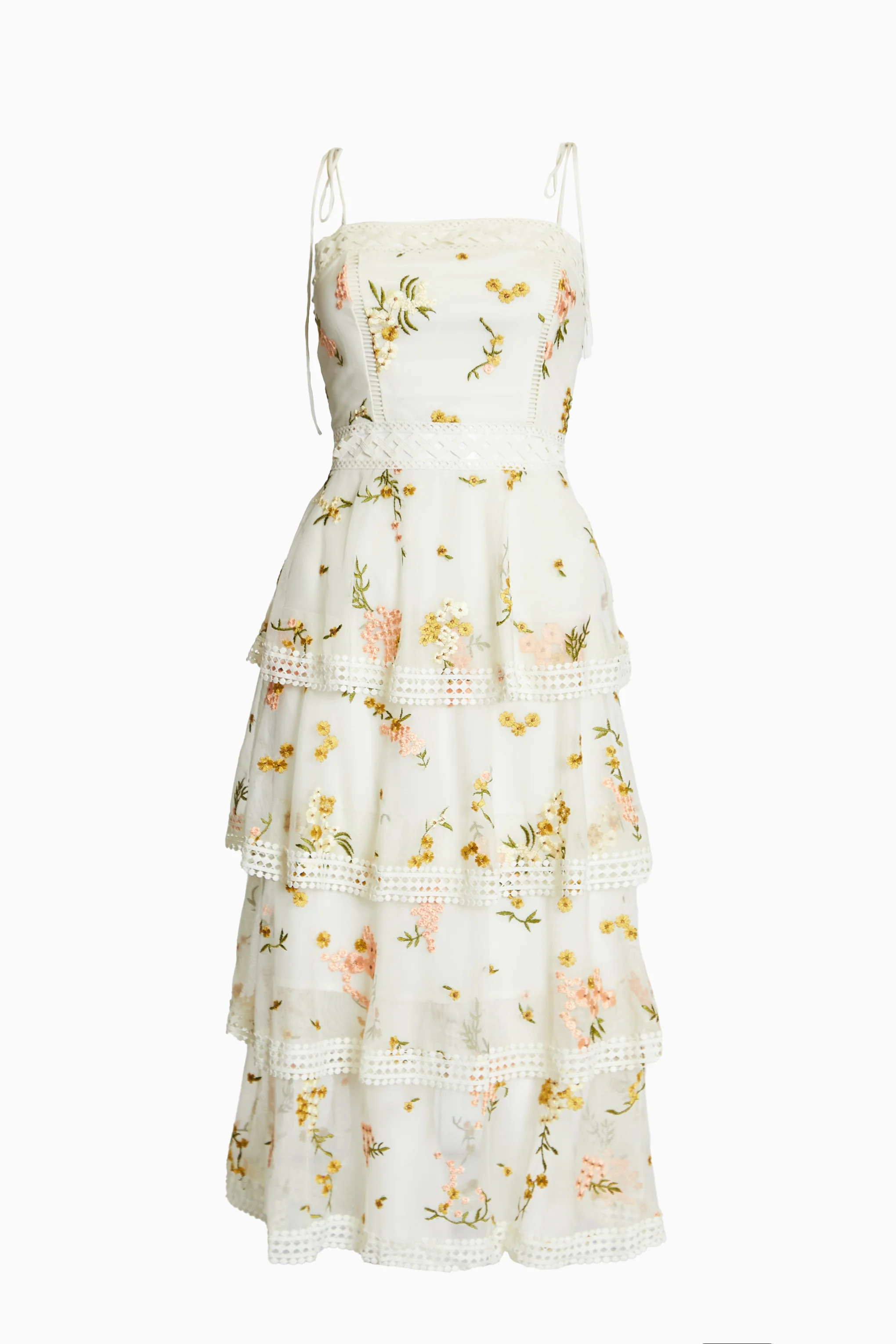 Nude-Pink Embroidery Strappy Tiered Midi-Dress