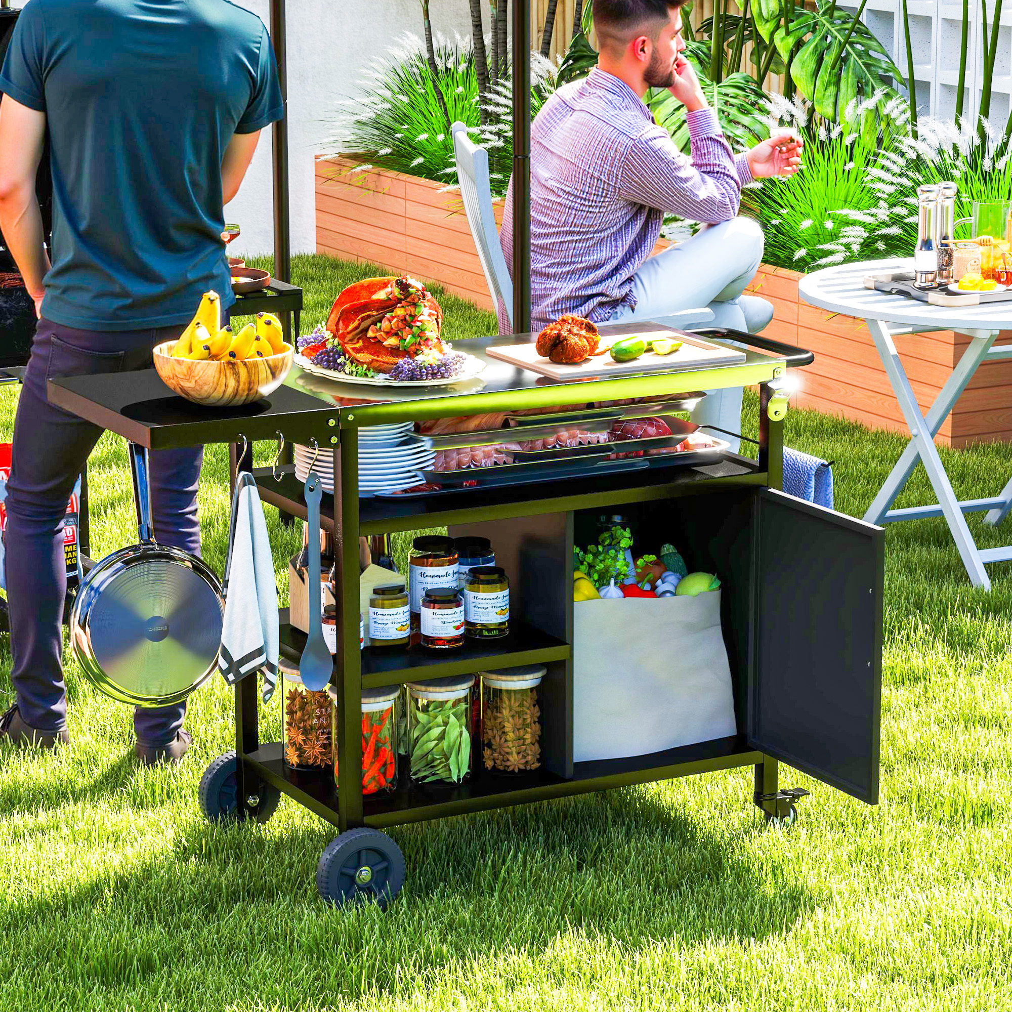 Outsunny Gartenwagen Grillwagen mit Edelstahl-Arbeitsplatte klappbarer Beistelltisch, Haken, Abdeckung, schwarz