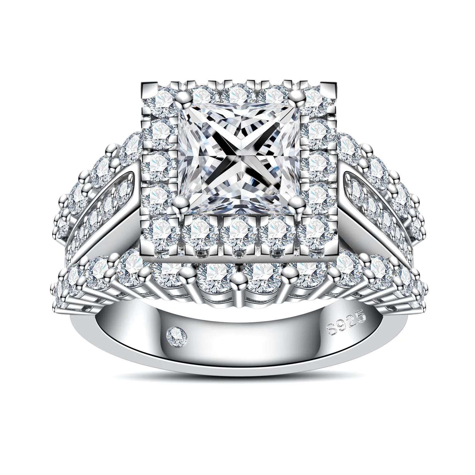 Princess Cut Moissanite Engagement Rings 3.884cttw(2CT Center Stone) D Color VVS1 925 Sterling Silver 3 Rows Vintage Halo Wedding Promise Statement Rings for Women with Certificate