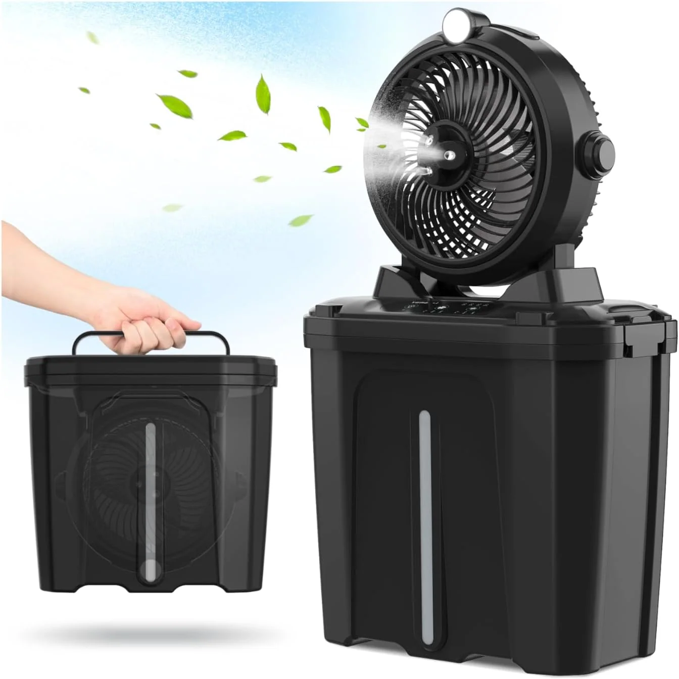 Kabelloser Outdoor-Ventilator mit 10 l Reservoir, 20.000 mAh kabelloser Verdunstungsventilator für Terrasse, Golfwagen und Garten
