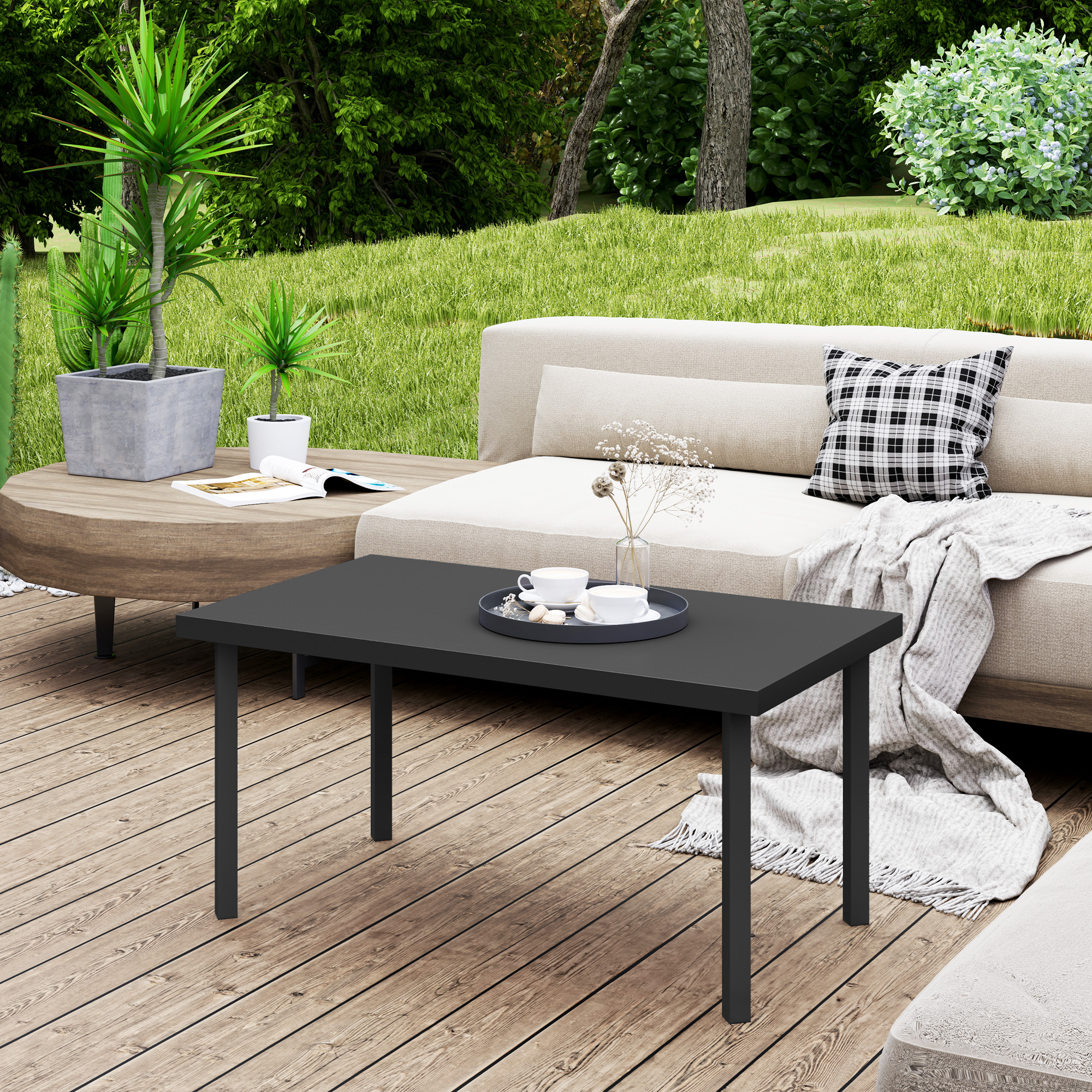 Outsunny Rechteckiger Gartencouchtisch, Beistelltisch mit Holzmaserungseffekt, Metallrahmen 95 x 55 x 46 cm Schwarz