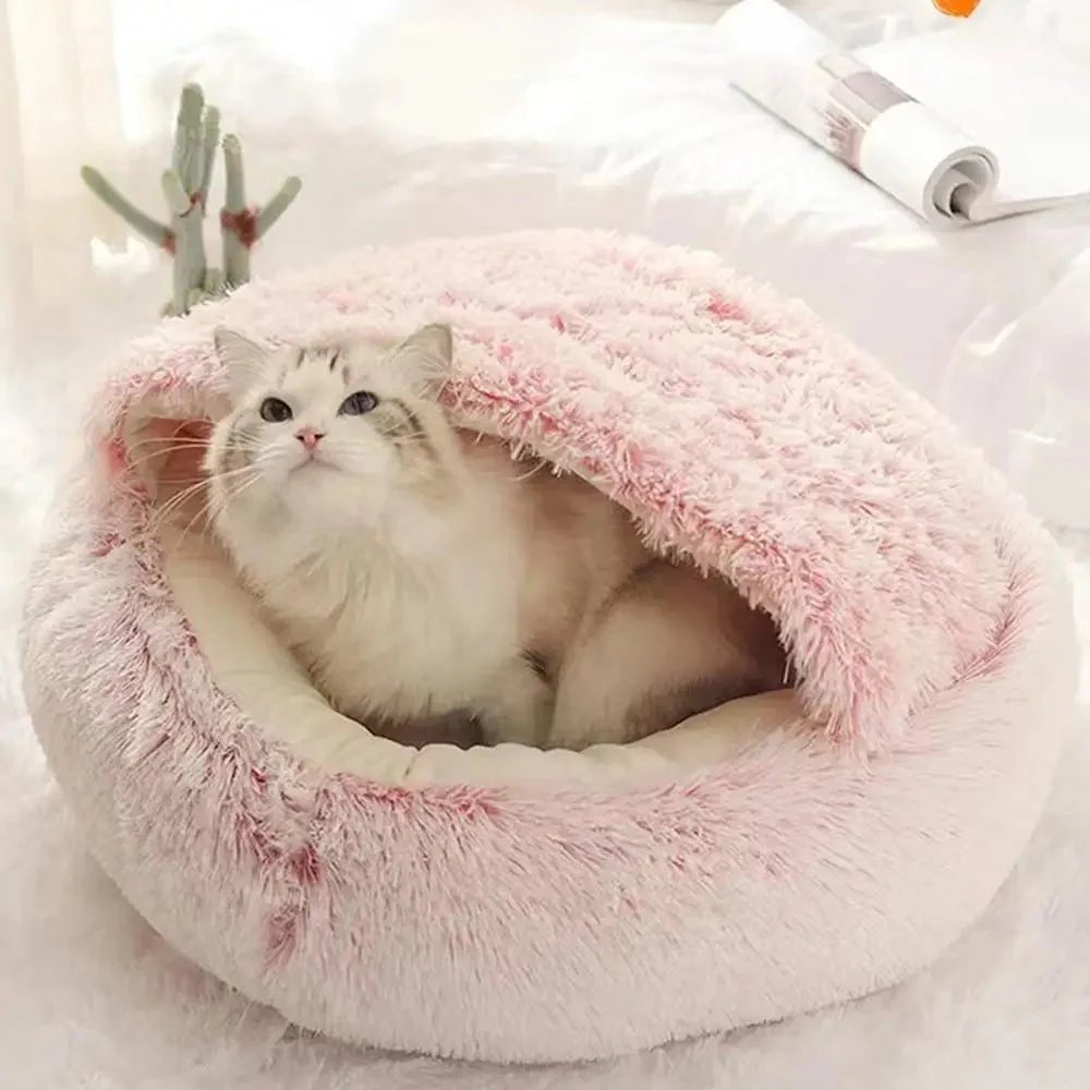 Plush Cat Cave Bed �C Semi-Enclosed, Machine Washable & Anti-Slip Base