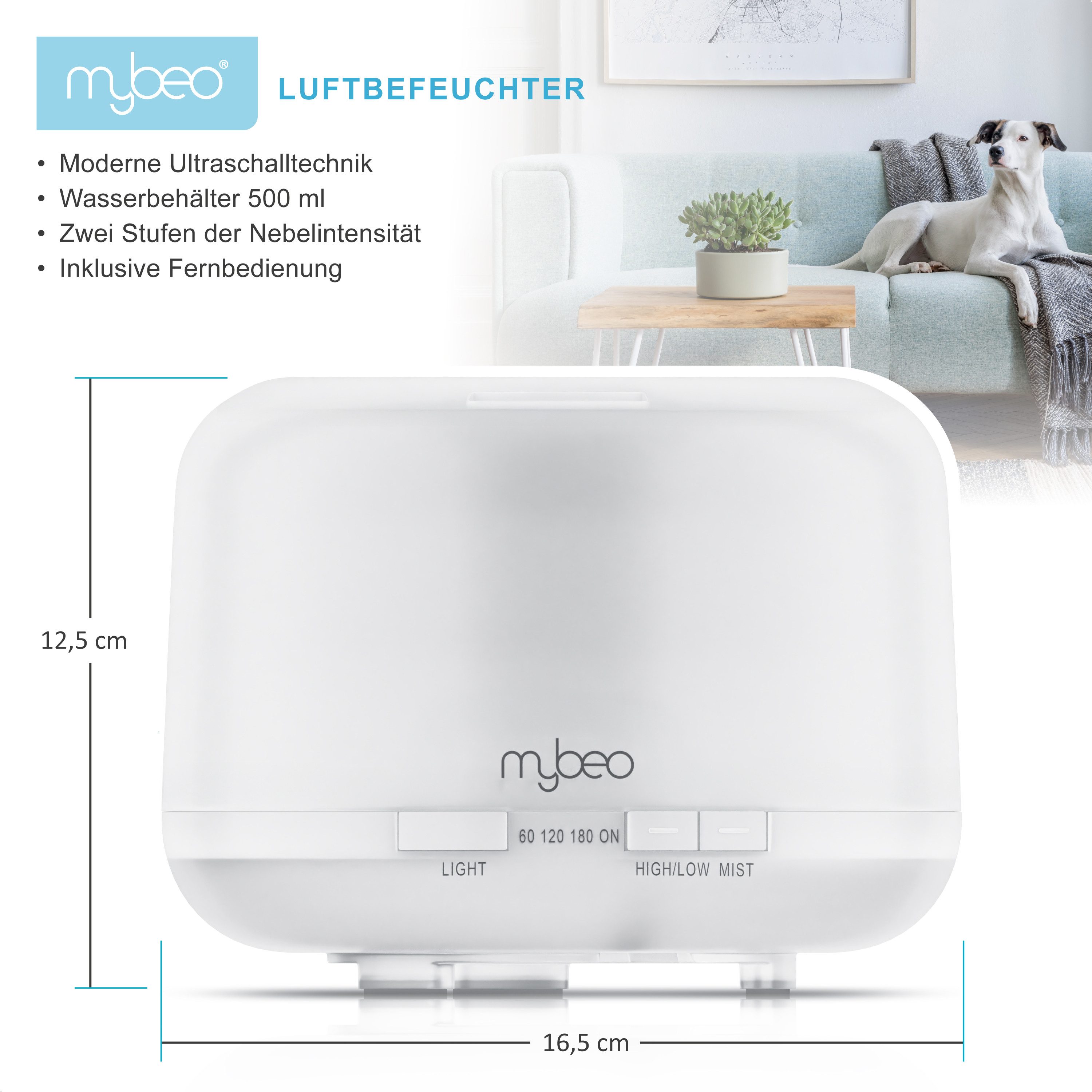 Luftbefeuchter Aroma Diffuser 0,5 L mit Stimmungslicht in 7 Farben, 2 Nebelstufen
