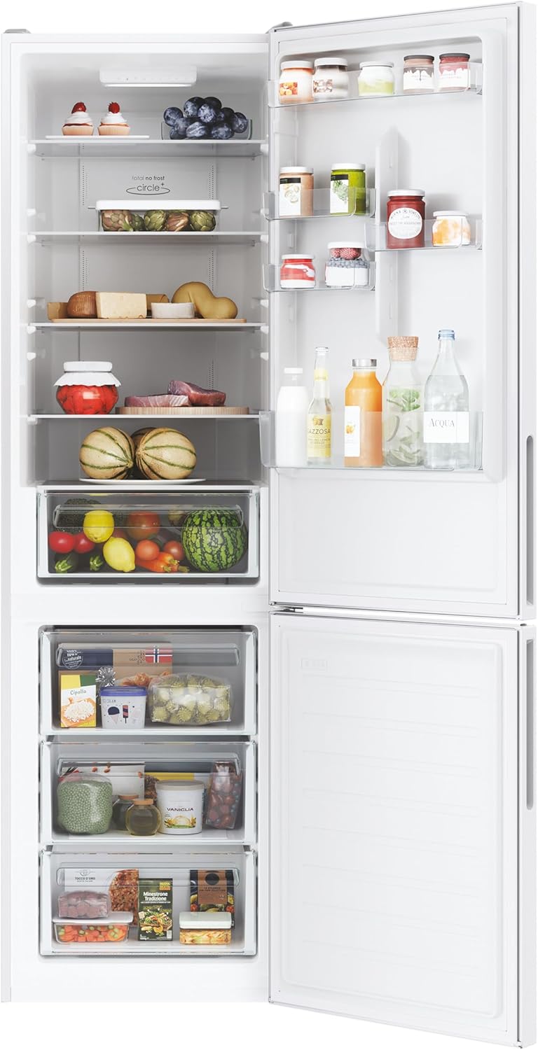 Candy Fresco, CCE3T620EW, Frigorifero Combinato, Libera Installazione, 377Litri, 38/C dB, 2 Porte, Total No Frost, Connesso, Sistema Flexy, Bianco, AxLxP 200x59,5x65,8 cm [Classe energetica E]