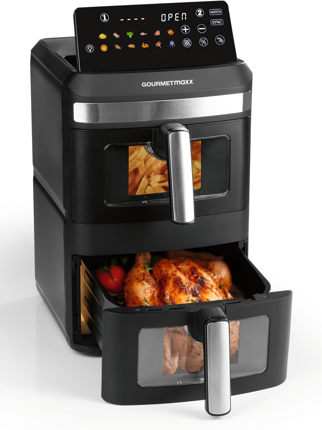 GOURMETmaxx FryUp XL - Friggitrice ad aria calda a doppia camera verticale con finestra – 12 l | Airfryer con display touch LED multicolore da 9,6 pollici e 12 programmi | Friggitrice ad aria calda a