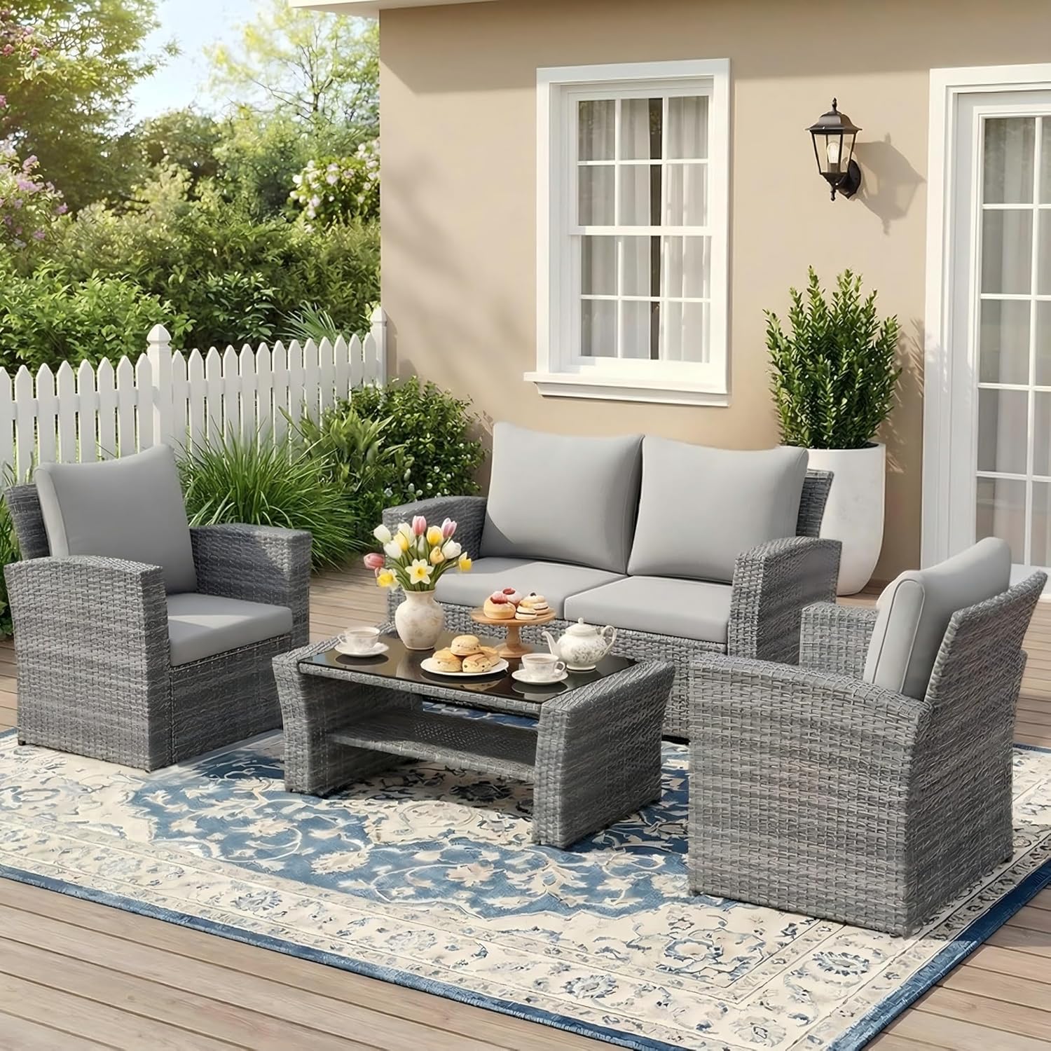 Wisteria Lane 4 Piece Patio Furniture Set  Wicker Outdoor Patio Conversation Furniture Set  All Weather Outdoor Patio Sofa with Cushion and Glass Table  Ash Gray
