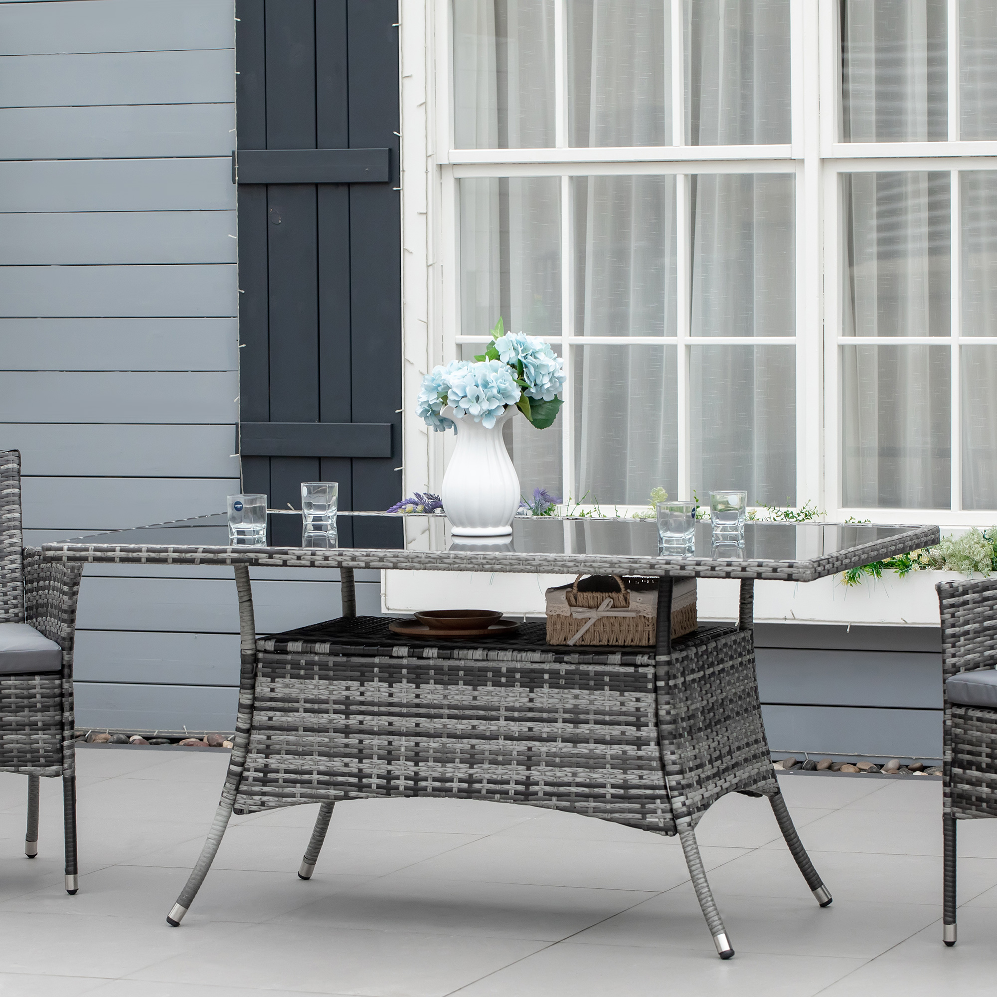 Outsunny Gartentisch Glastisch Esstisch Gartenmöbel Tisch, Polyrattan+Sicherheitsglas, Grau+Schwarz, 150x85x74cm