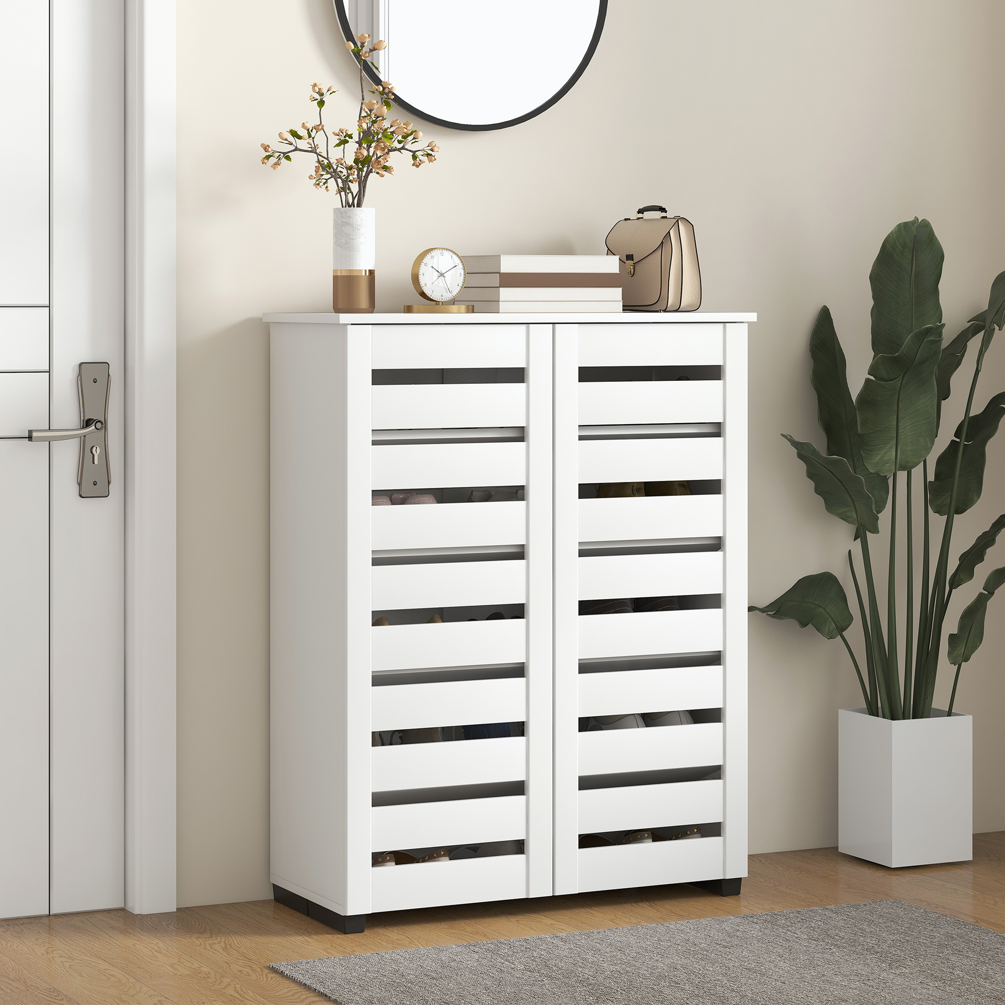 HOMCOM Schuhschrank mit 5 Ebenen, 4 Verstellbaren Regalen und Lamellentüren, aus Holz, 76x33Bx98H cm, Weiß